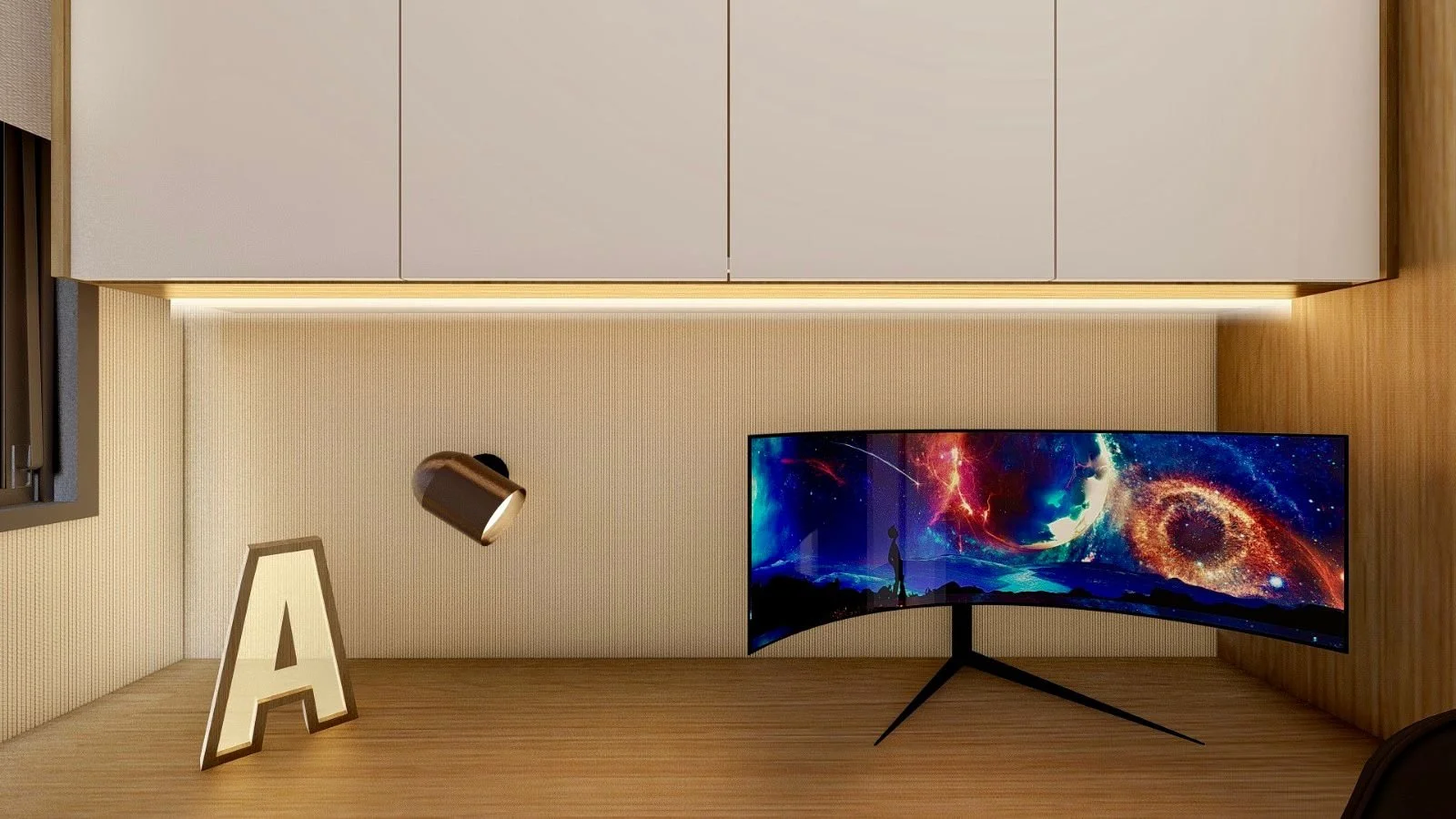 Postazione studio moderna con scrivania in legno, monitor curvo, pensili bianchi e illuminazione LED integrata.