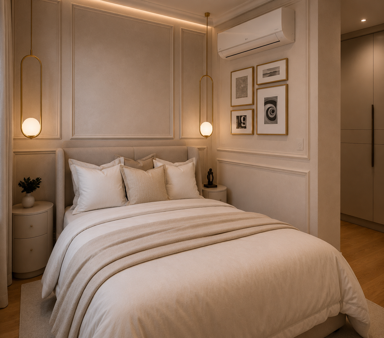 Camera padronale dai toni beige con illuminazione indiretta, dettagli dorati e arredi su misura.