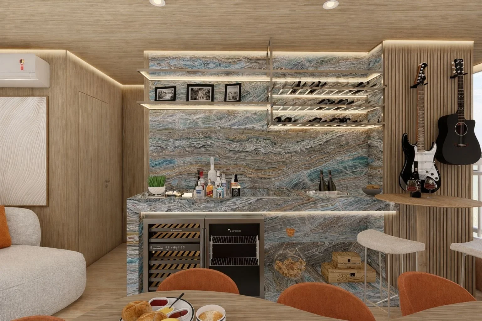 Area bar residenziale rivestita in pietra naturale dalle venature marcate, completata da cantina vini, mensole sospese retroilluminate e bancone per creare uno spazio elegante dedicato alla convivialità.