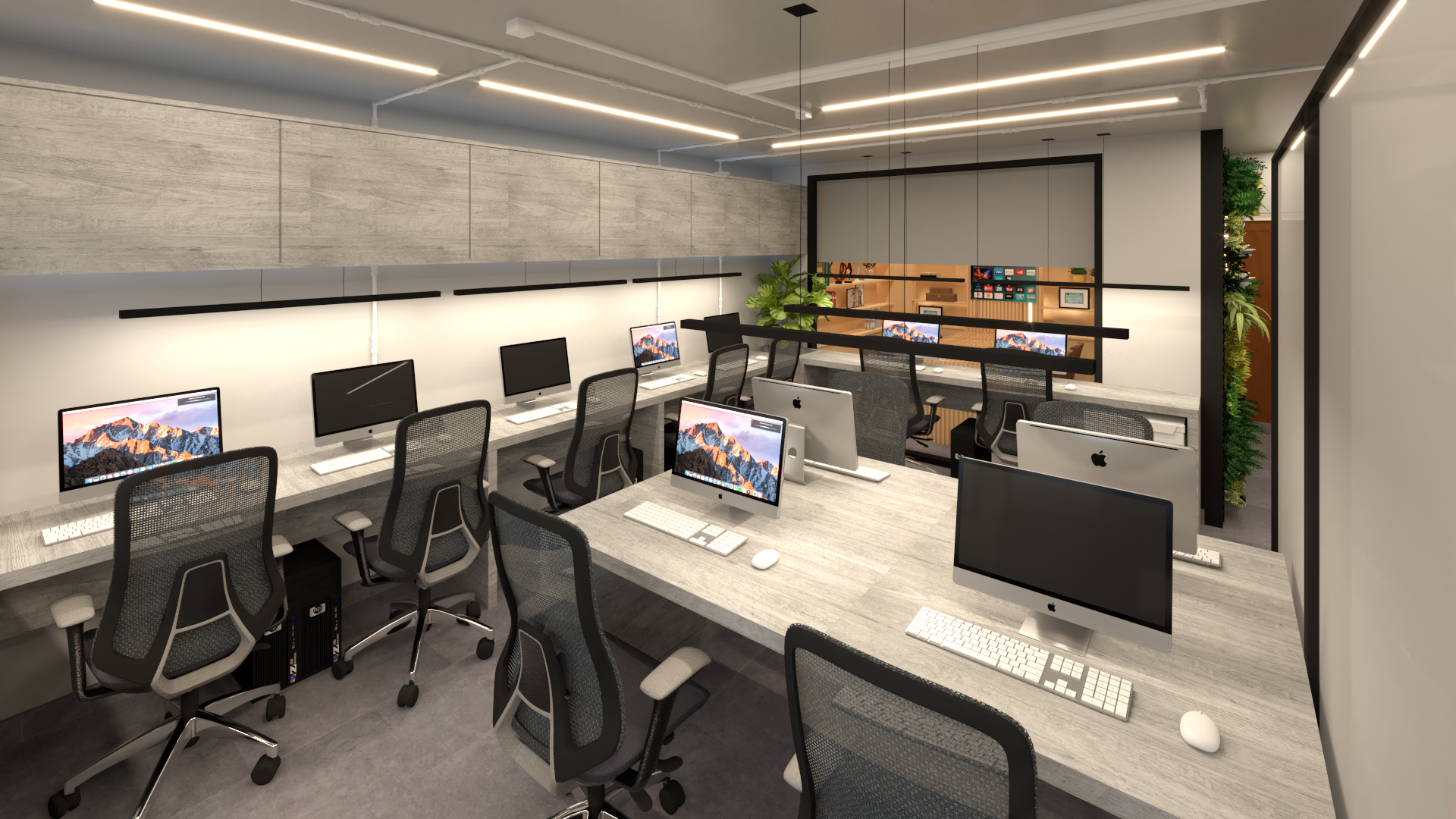 Spazio di lavoro dinamico e professionale, con estetica industriale e atmosfera moderna.