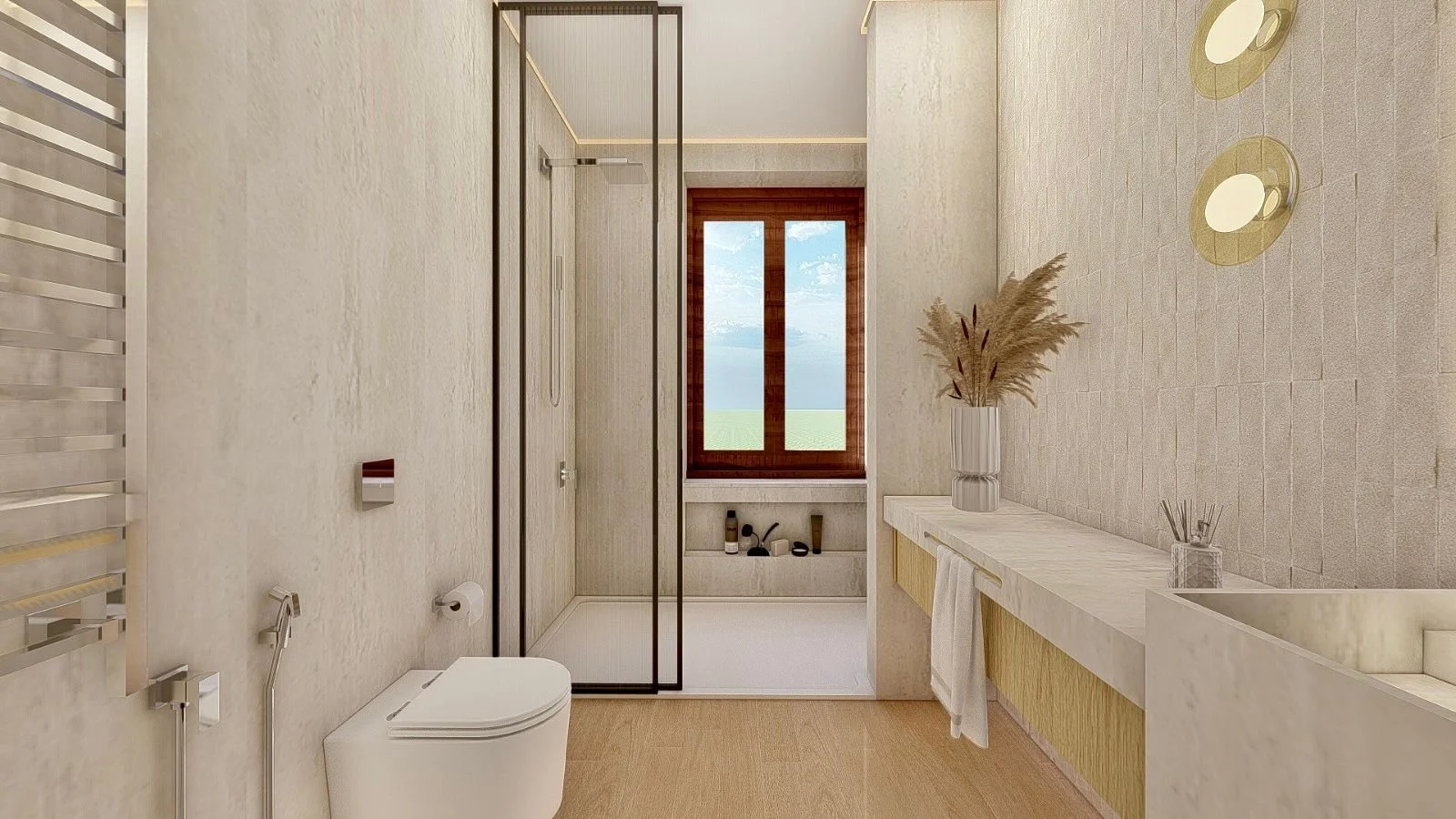 Bagno moderno con lavabo, bidet, toeletta, grande finestra con vista sul cielo, pareti beige con decorazioni moderne.