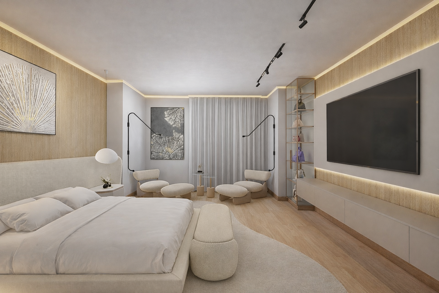 Zona notte matrimoniale con arredo organico e illuminazione soft, pensata per comfort e benessere quotidiano.