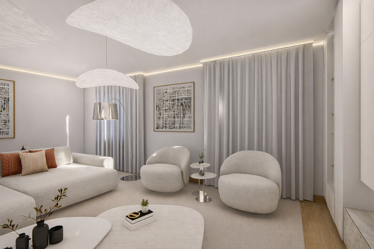 Interno di un soggiorno moderno con divano bianco, due poltrone arrotondate, tavolino, lampada da terra con paralume di metallo, quadri alle pareti, tende bianche e soffitto con luci a soffitto. Decorazioni minimaliste e tonalità neutre.