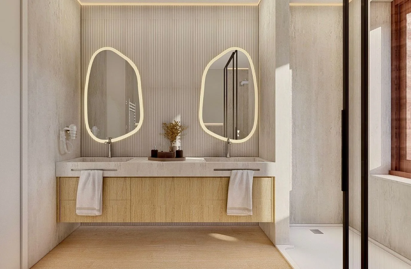 Bagno di design con rivestimenti cannettati e rubinetteria minimale.