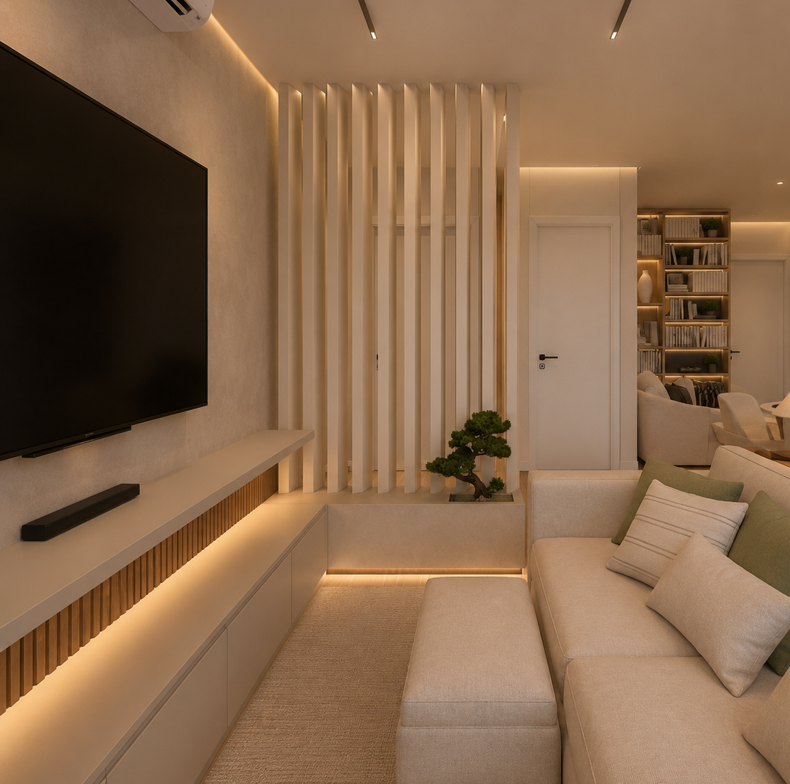 Dettaglio della zona TV con mobile su misura e illuminazione integrata. Il divisorio verticale a lamelle scandisce gli spazi senza interrompere la continuità visiva, diventando al tempo stesso un elemento architettonico e decorativo.