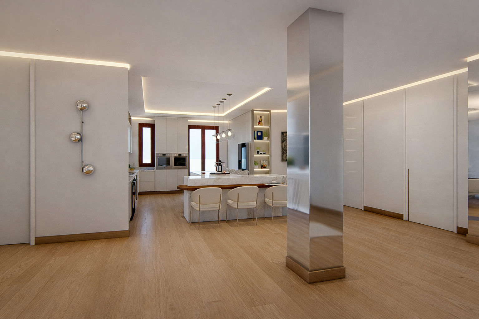 Cucina moderna con isola centrale in marmo, sedie bianche e illuminazione a soffitto con faretti.