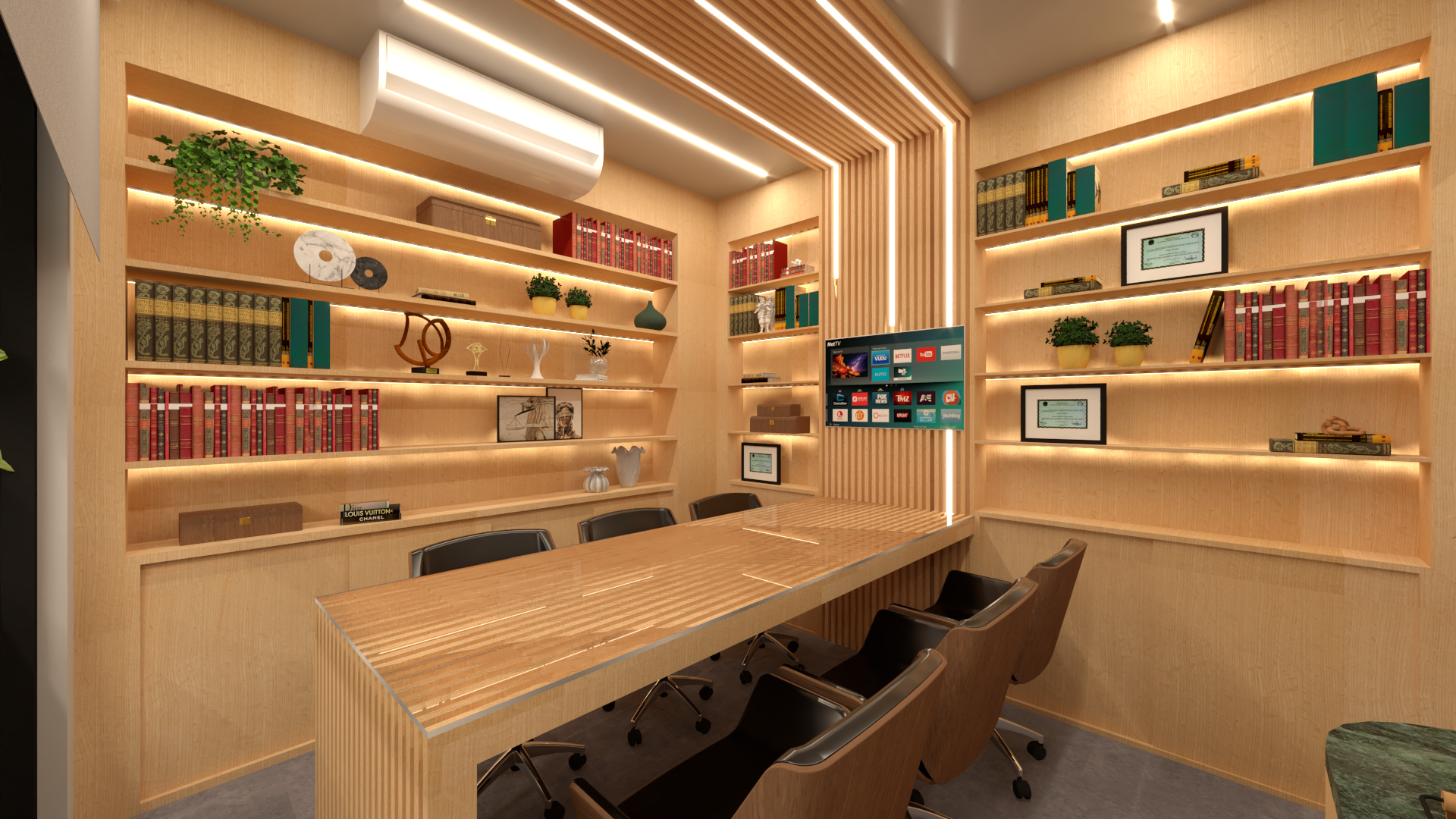 Spazio riunioni “executive”: falegnameria sartoriale, mensole illuminate e pannello TV a tutta altezza, dalla parete al soffitto, valorizzato da strisce LED.