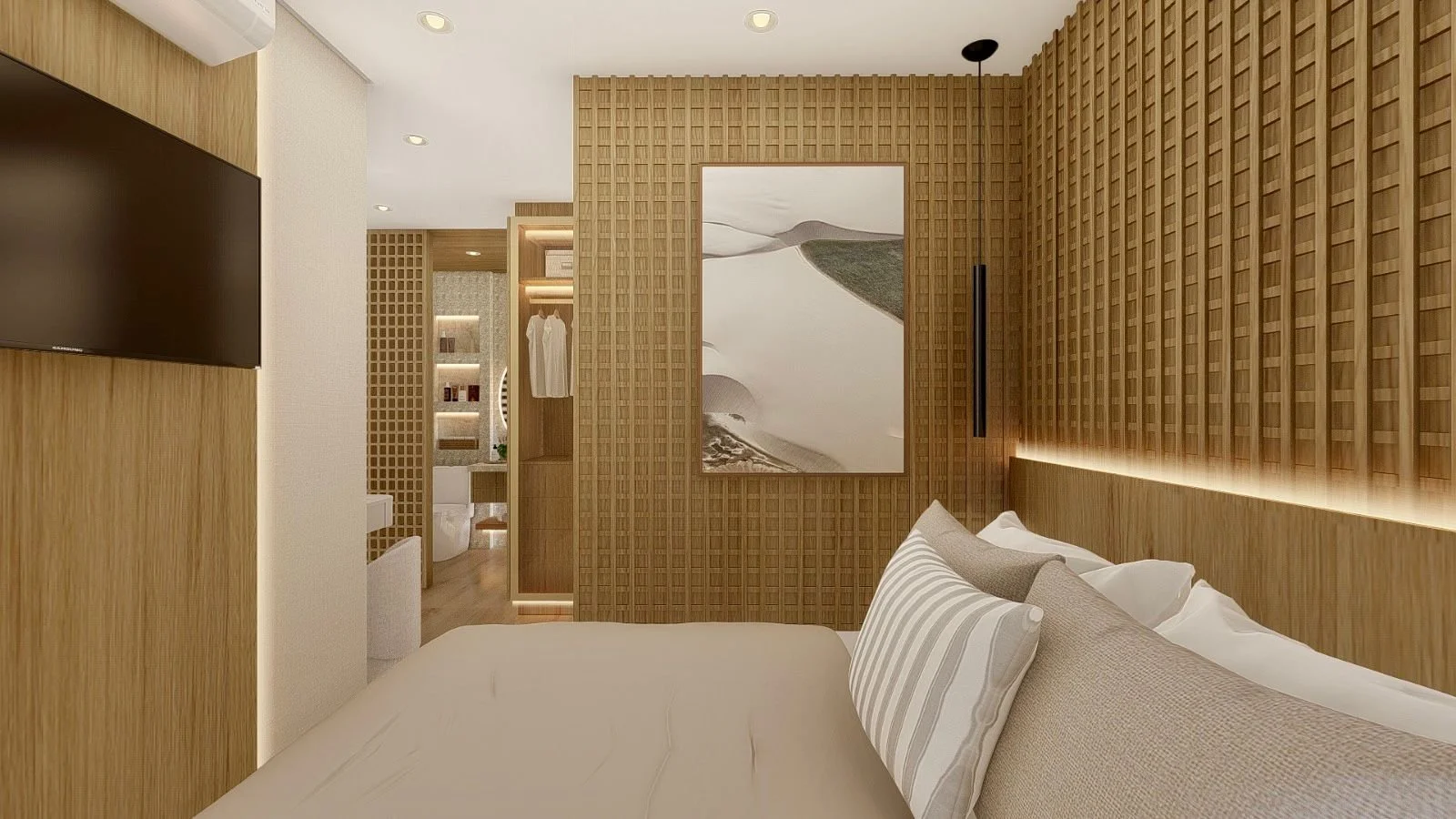 Vista della camera con parete decorativa tridimensionale in legno e grande opera astratta. La composizione materica diventa elemento caratterizzante dell’interior design della suite.
