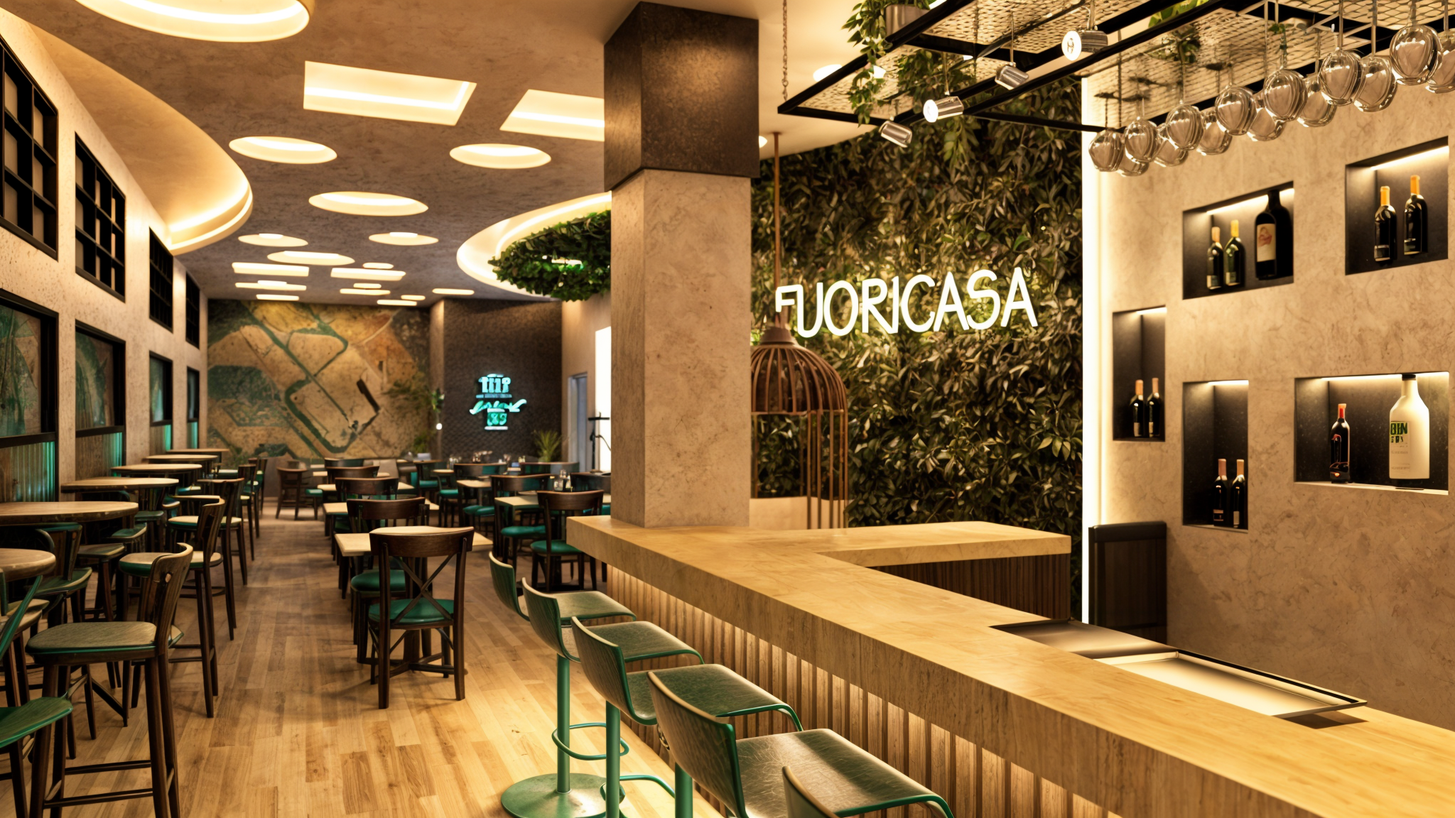 Tra verde verticale e luce calda, il bar brasserie ti accoglie con un bancone protagonista e un logo illuminato che firma l’atmosfera. Cocktail curati, dettagli fotogenici, vibe perfetta.