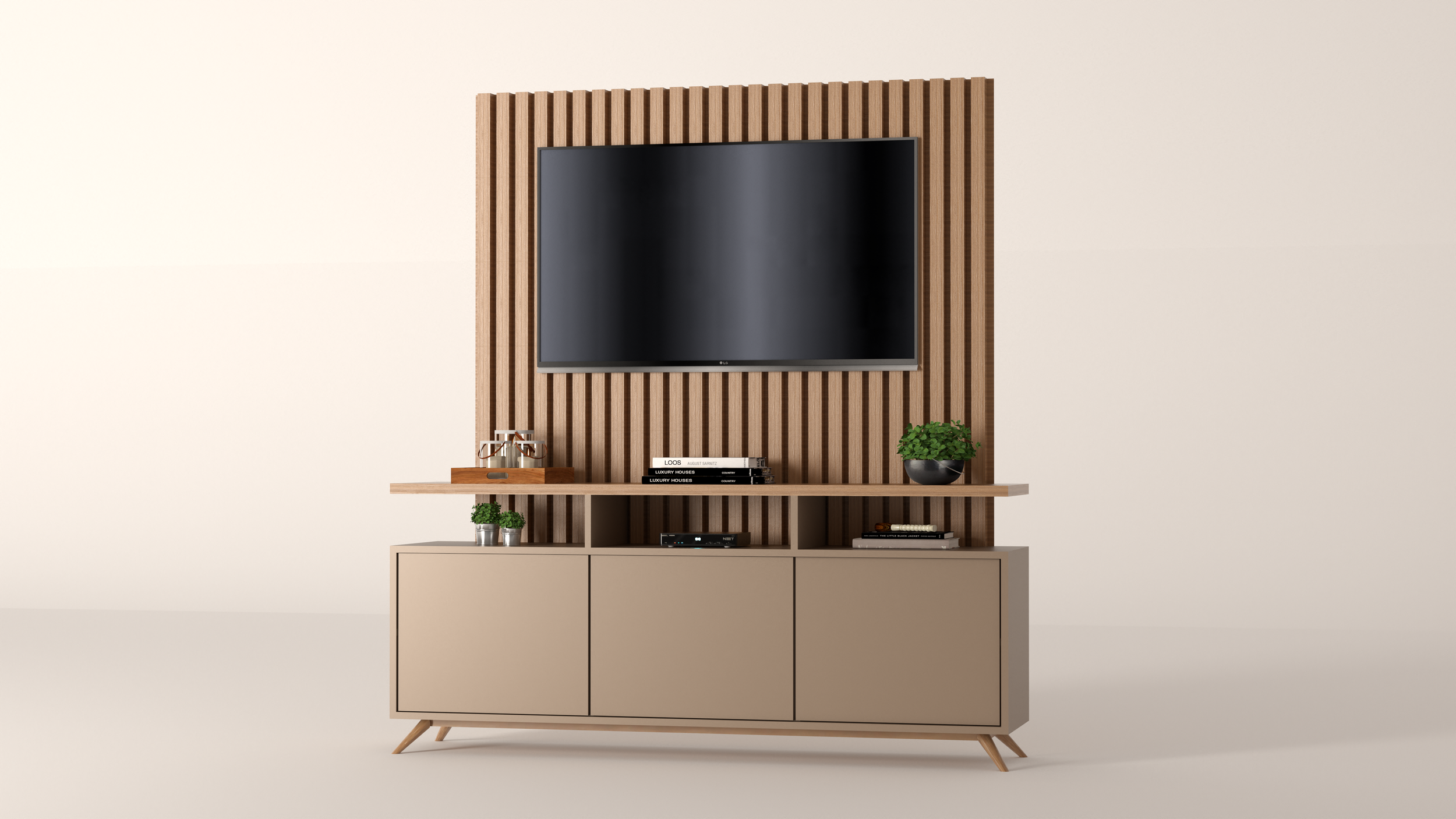 Design funzionale e accogliente: il legno a listelli crea ritmo, la mensola alleggerisce la composizione, con contenitori chiusi sotto per il massimo ordine.