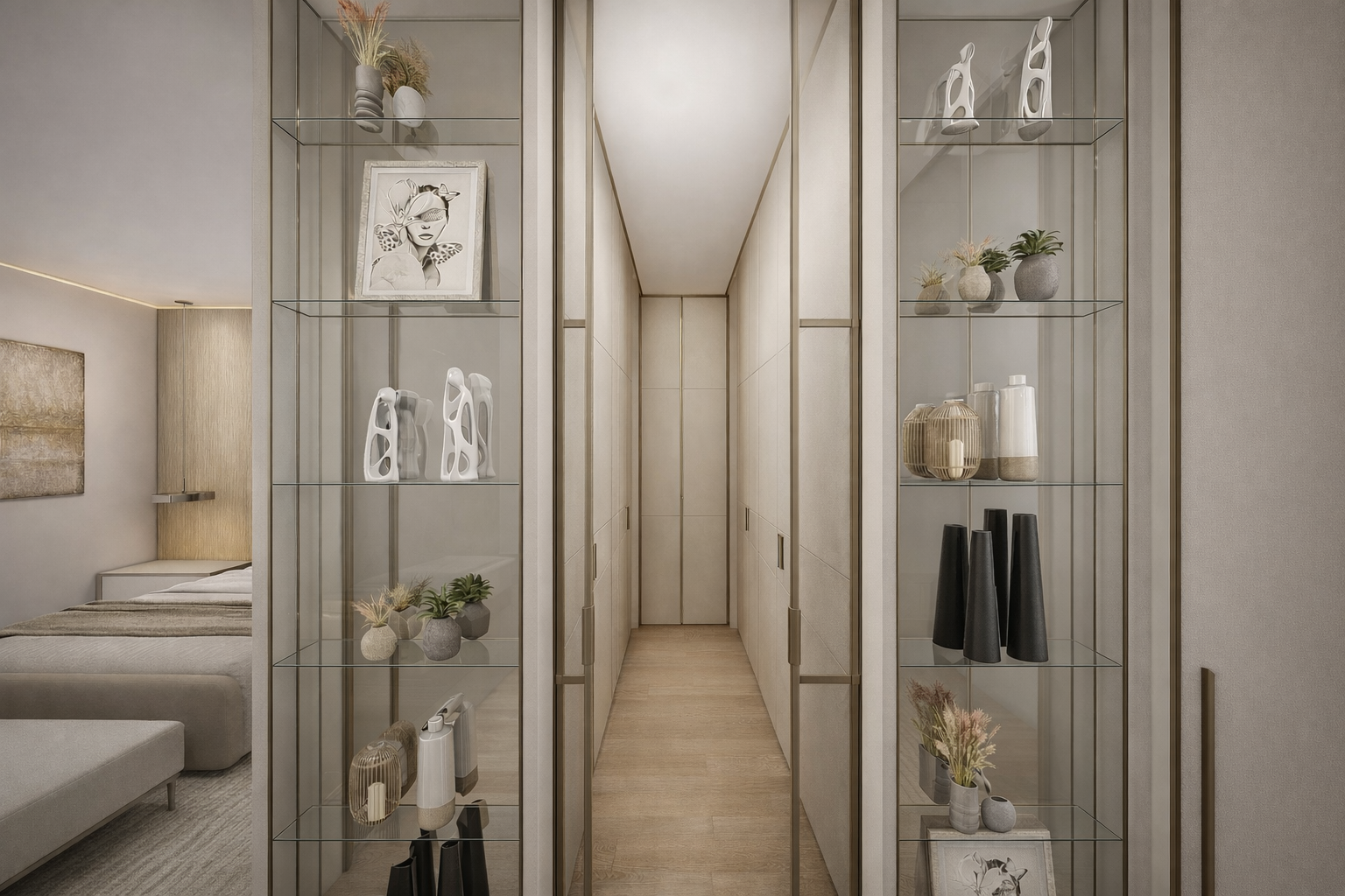 Camera matrimoniale contemporanea con cabina armadio integrata e soluzioni funzionali di interior design.