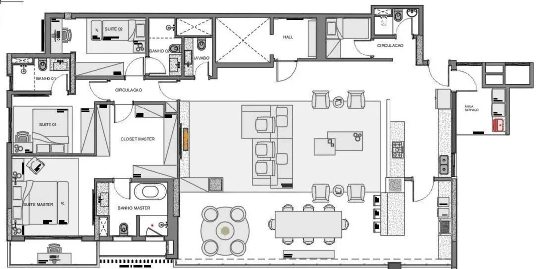Pianta di un appartamento con diverse stanze, tra cui soggiorno, cucina e camere da letto con bagni e spazi di circolazione.