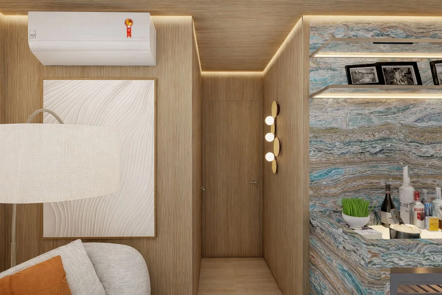 Dettaglio del passaggio tra soggiorno e area bar, con pareti rivestite in legno, illuminazione calda integrata, pannello decorativo tridimensionale e continuità materica tra gli ambienti.