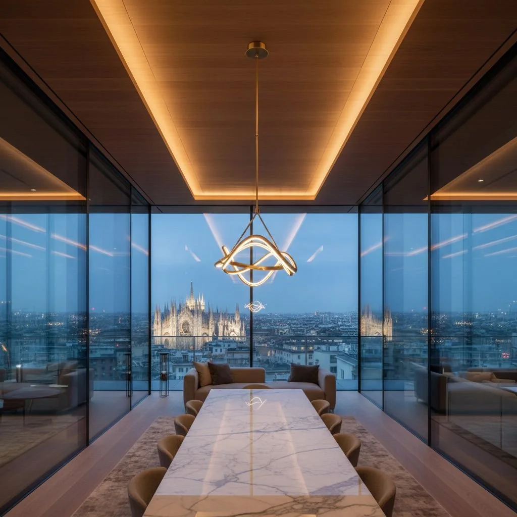 Sala riunioni moderna con tavolo in marmo, sedie, divani e una lampada elegante, vista sulla città con il Duomo di Milano in lontananza attraverso grandi vetrate