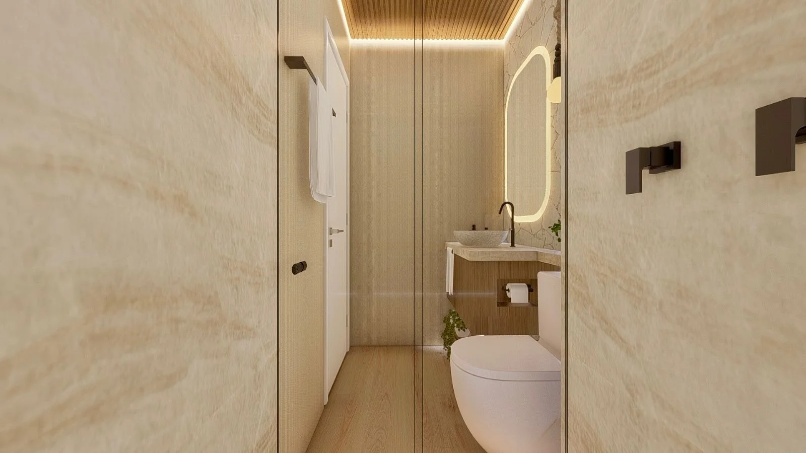 Bagno moderno con rivestimenti chiari, mobile lavabo in legno, specchio retroilluminato e illuminazione LED.