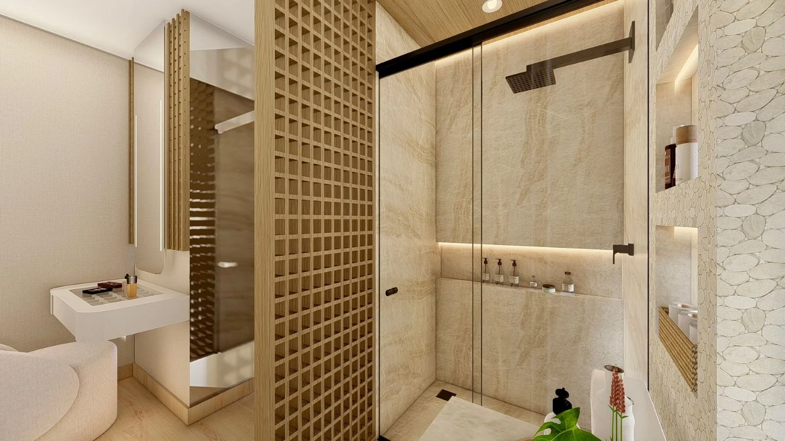Doccia walk-in con pareti effetto pietra, soffione quadrato e profili scuri. La parete divisoria in legno traforato crea una separazione visiva mantenendo continuità con la suite.