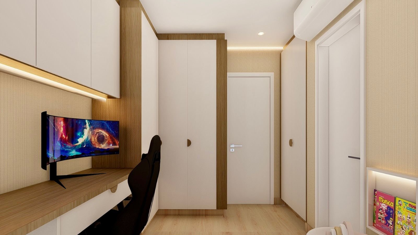 Camera da letto compatta con mobili su misura, scrivania, armadio, libreria illuminata e letto contenitore.