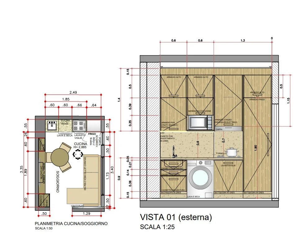 Planimetria tecnica di un moderno open space con cucina lineare a scomparsa e zona living.