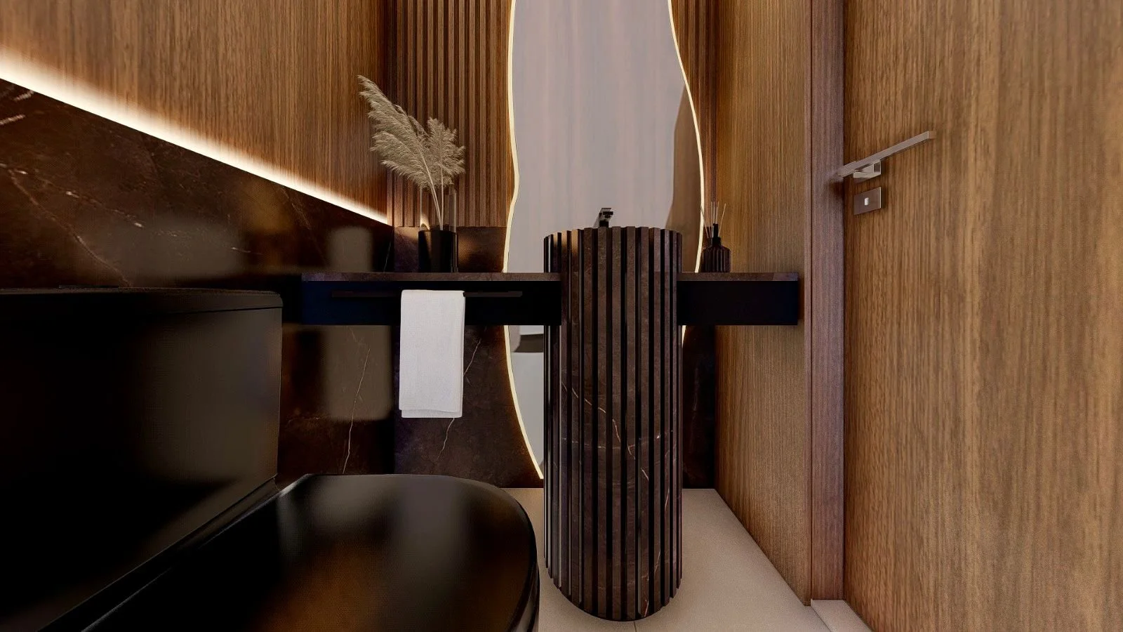 Interior design di bagno di lusso con lavabo cilindrico scanalato, piano in marmo scuro, pareti in legno e grande specchio organico con luce LED.
