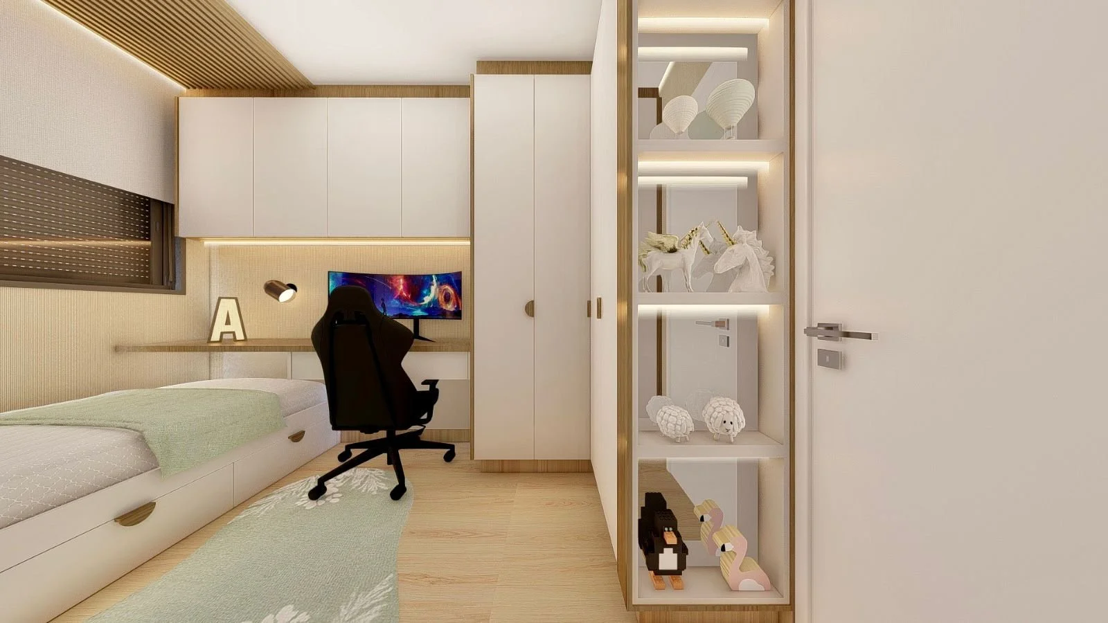 Camera da letto moderna su misura con letto contenitore, scrivania, armadi bianchi e libreria con illuminazione LED.