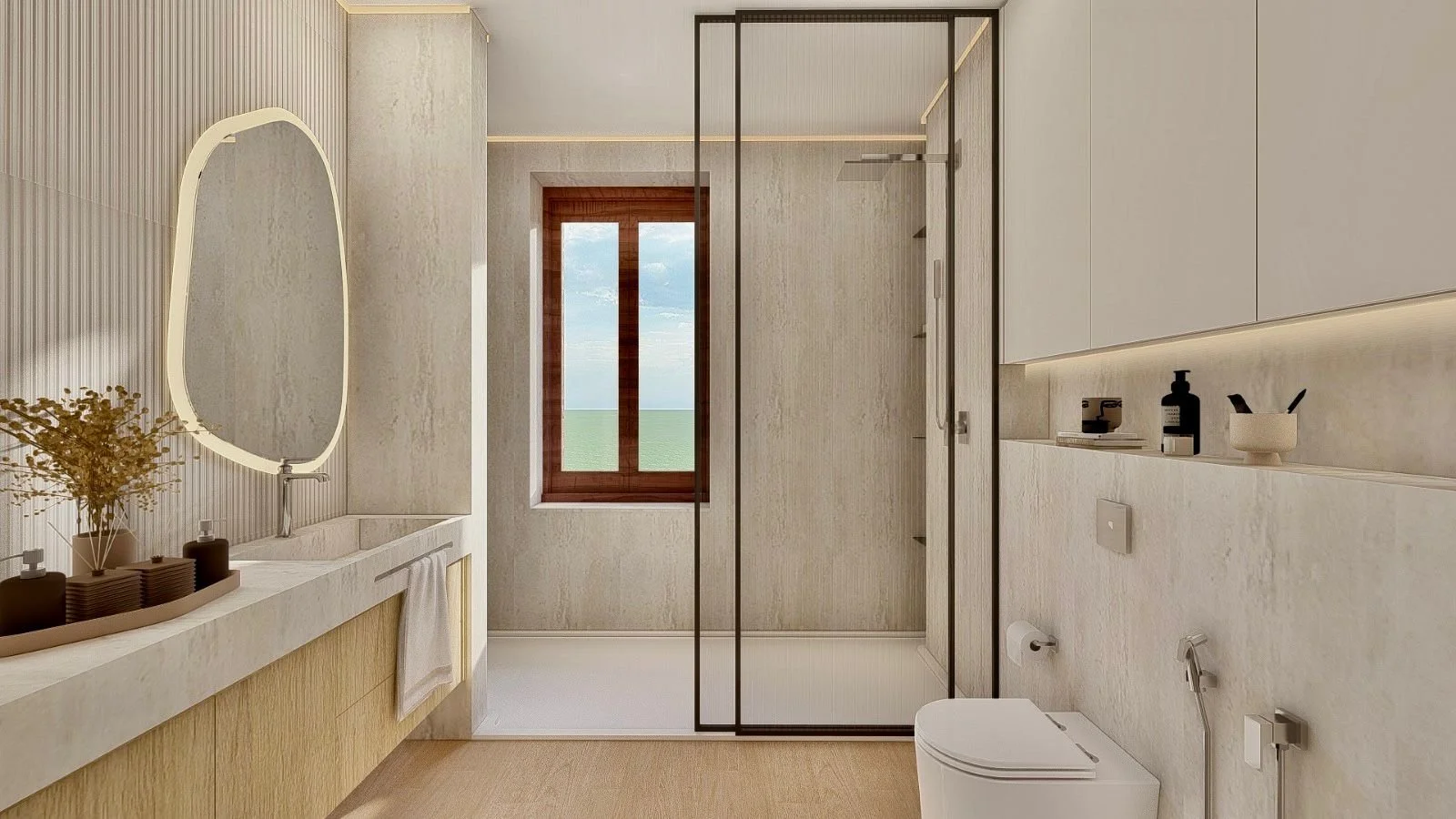 Bagno moderno con doccia, lavabo, wc, bidet, armadietto sopra il lavabo, asciugamani e accessori bagno.