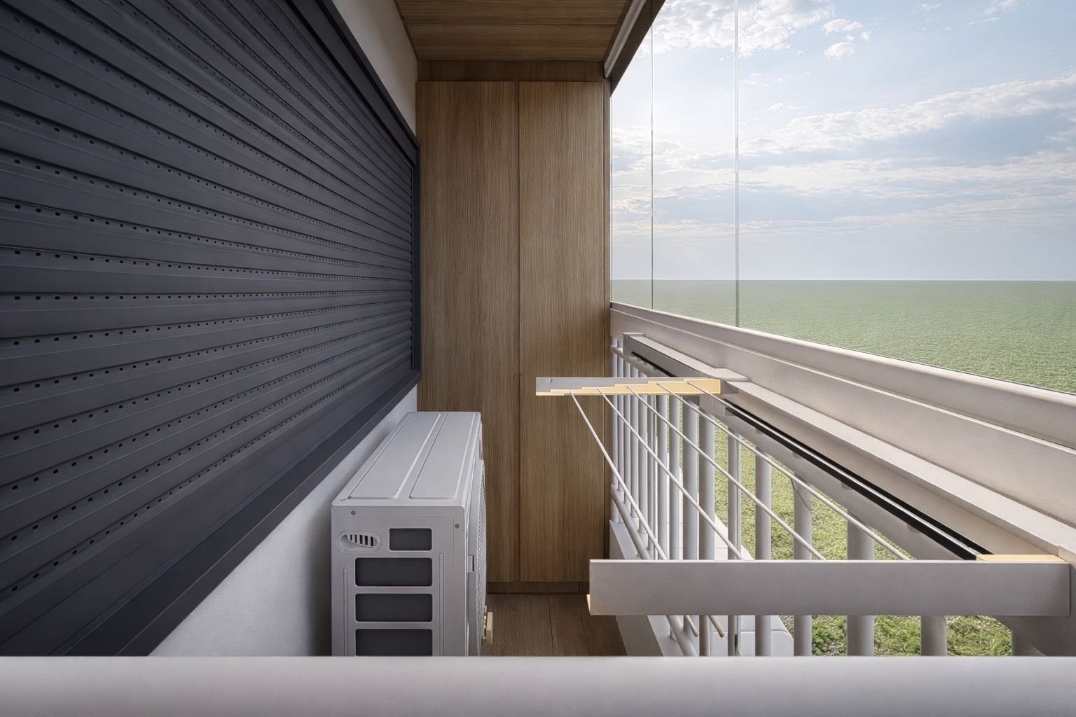 Balcone progettato per integrare in modo discreto l’area tecnica, con unità esterna del climatizzatore, armadiatura in legno e chiusura vetrata che mantiene luminosità e apertura verso l’esterno.