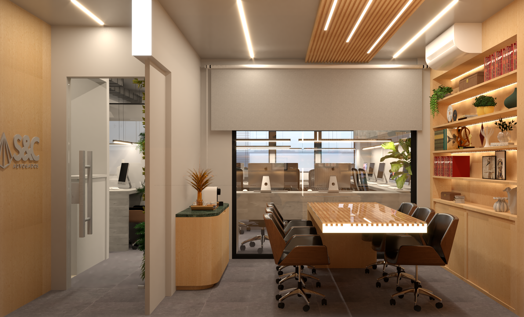 Sala riunioni realizzata in falegnameria su misura: boiserie in legno illuminato, mensole integrate e tavolo meeting per incontri riservati.
