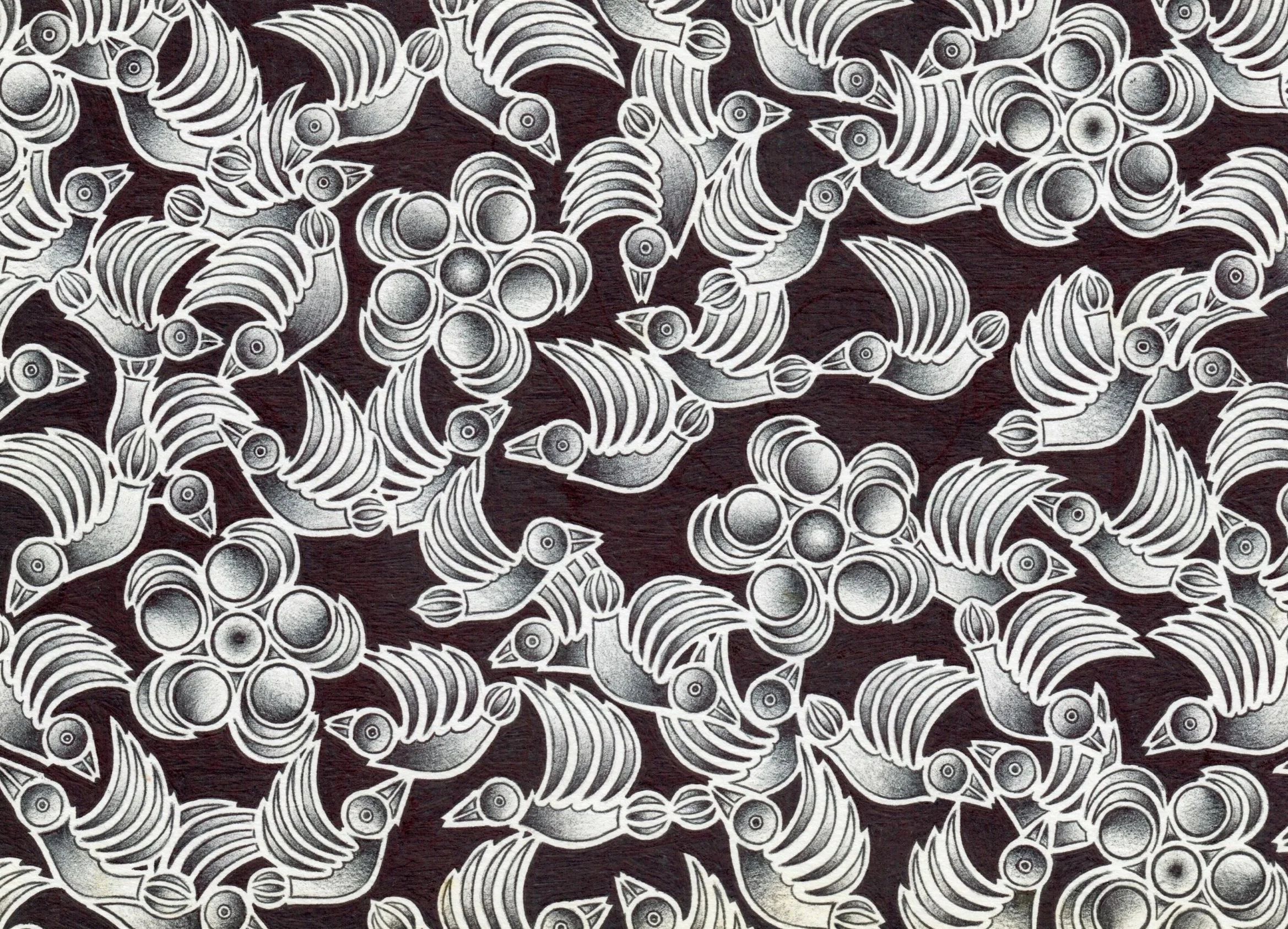 A patterned design featuring stylized birds and flower-like shapes in black, white, and gray colors.
