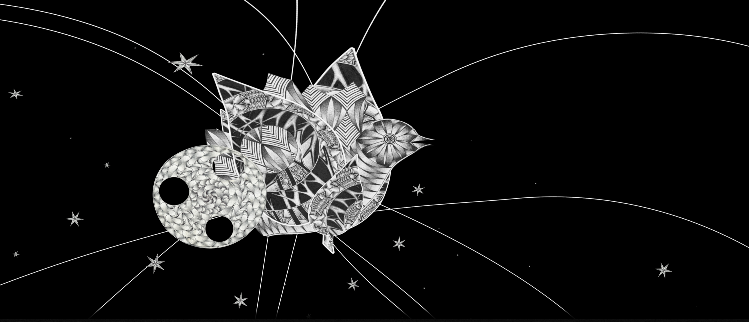 Black and white abstract illustration of a surreal bird with complex geometric and organic patterns, surrounded by stars and curved lines in space.