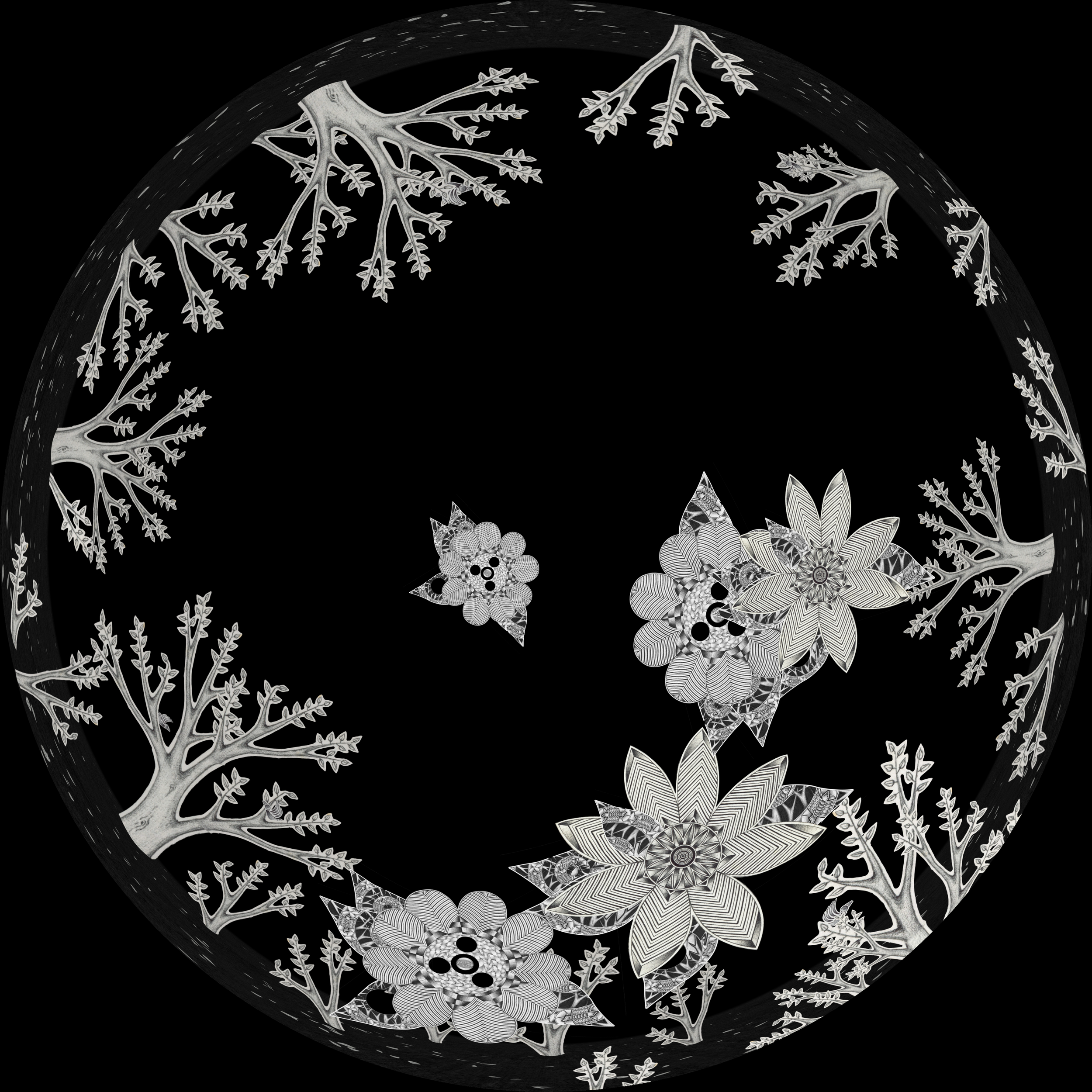 A black circular background with intricate silver floral and tree patterns, featuring stylized flowers and branches.