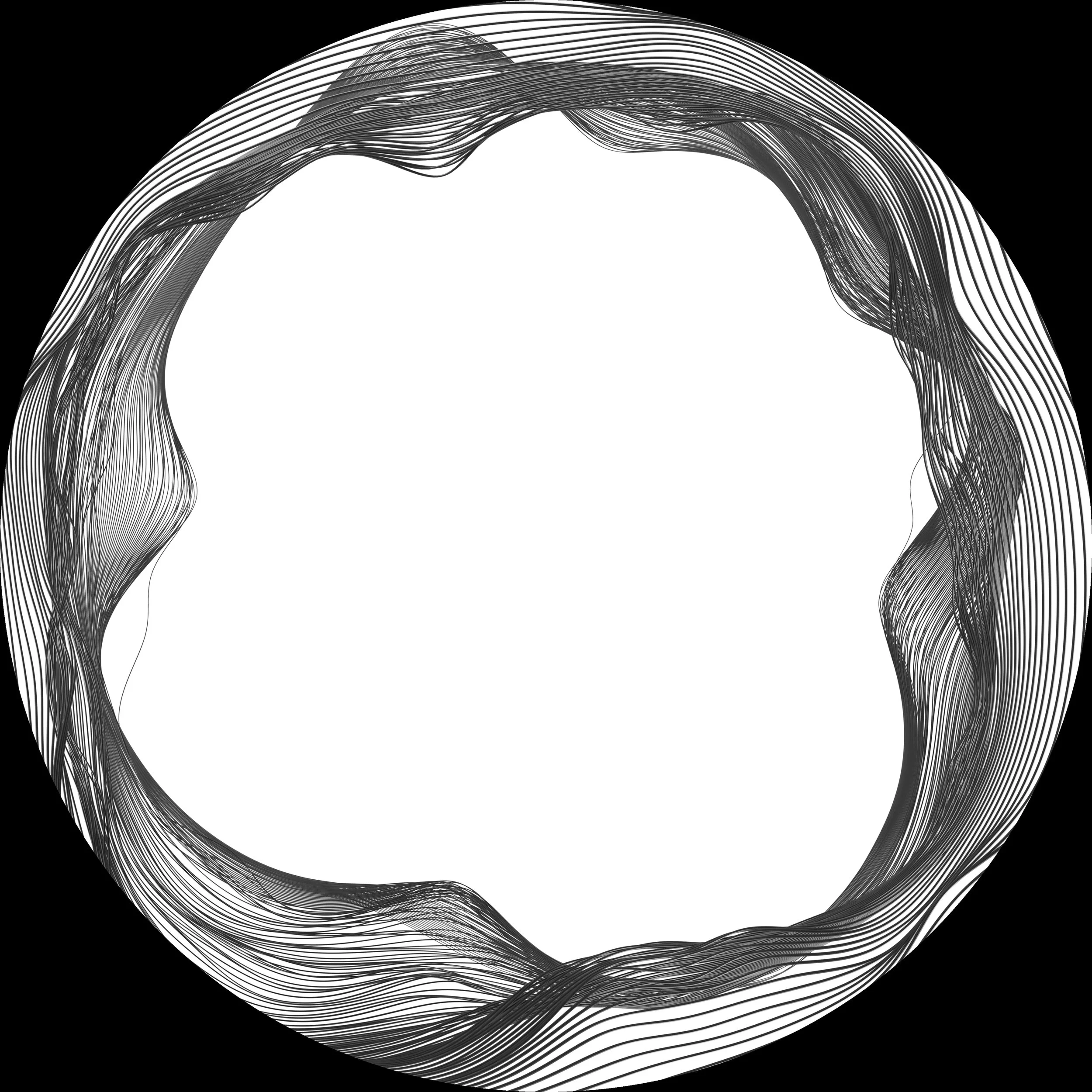 Abstract black and white circular pattern with curved lines forming a loose, flowing ring around a white empty space in the center