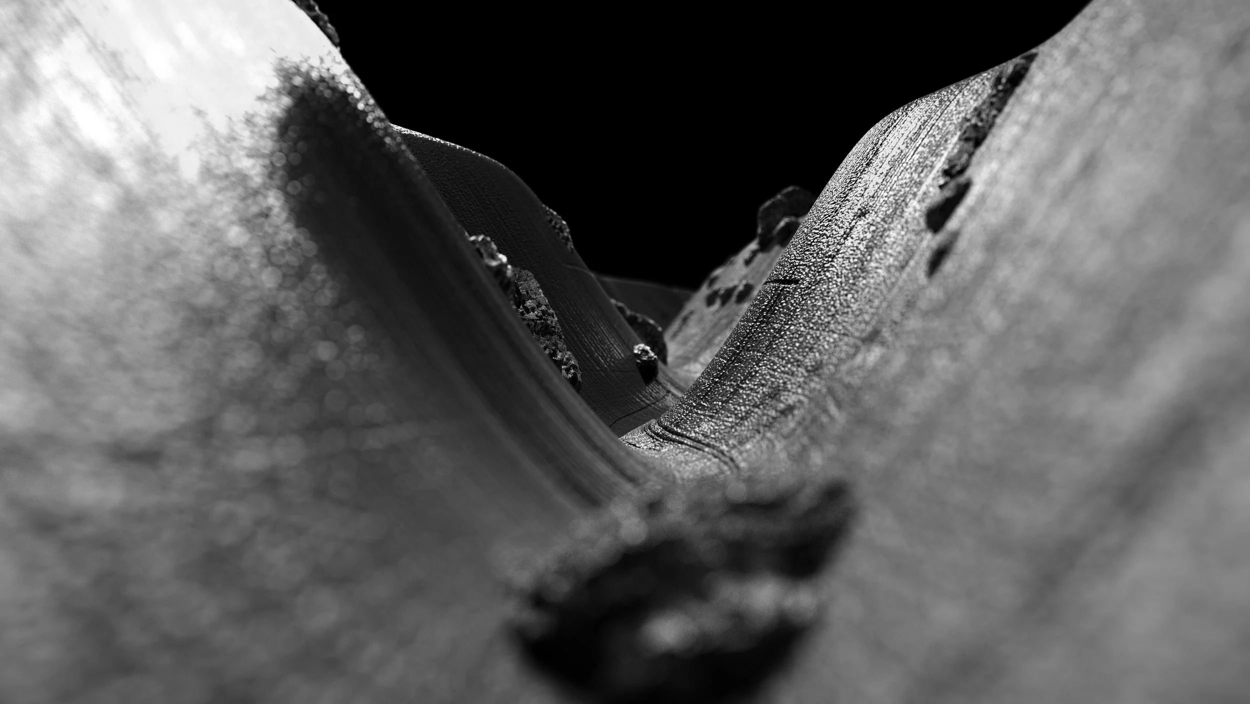 Close-up of a 3D rendered realistic microscopic view of a single groove of a vinyl disc.