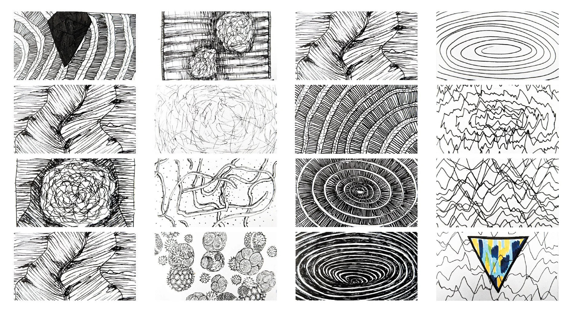 A Storyboard for the music video ECHO - a sonicsphere. A grid of 16 abstract black-and-white line art patterns with different geometric, organic, and textured designs, including spirals, contour lines, tangled lines, and a colorful triangle.