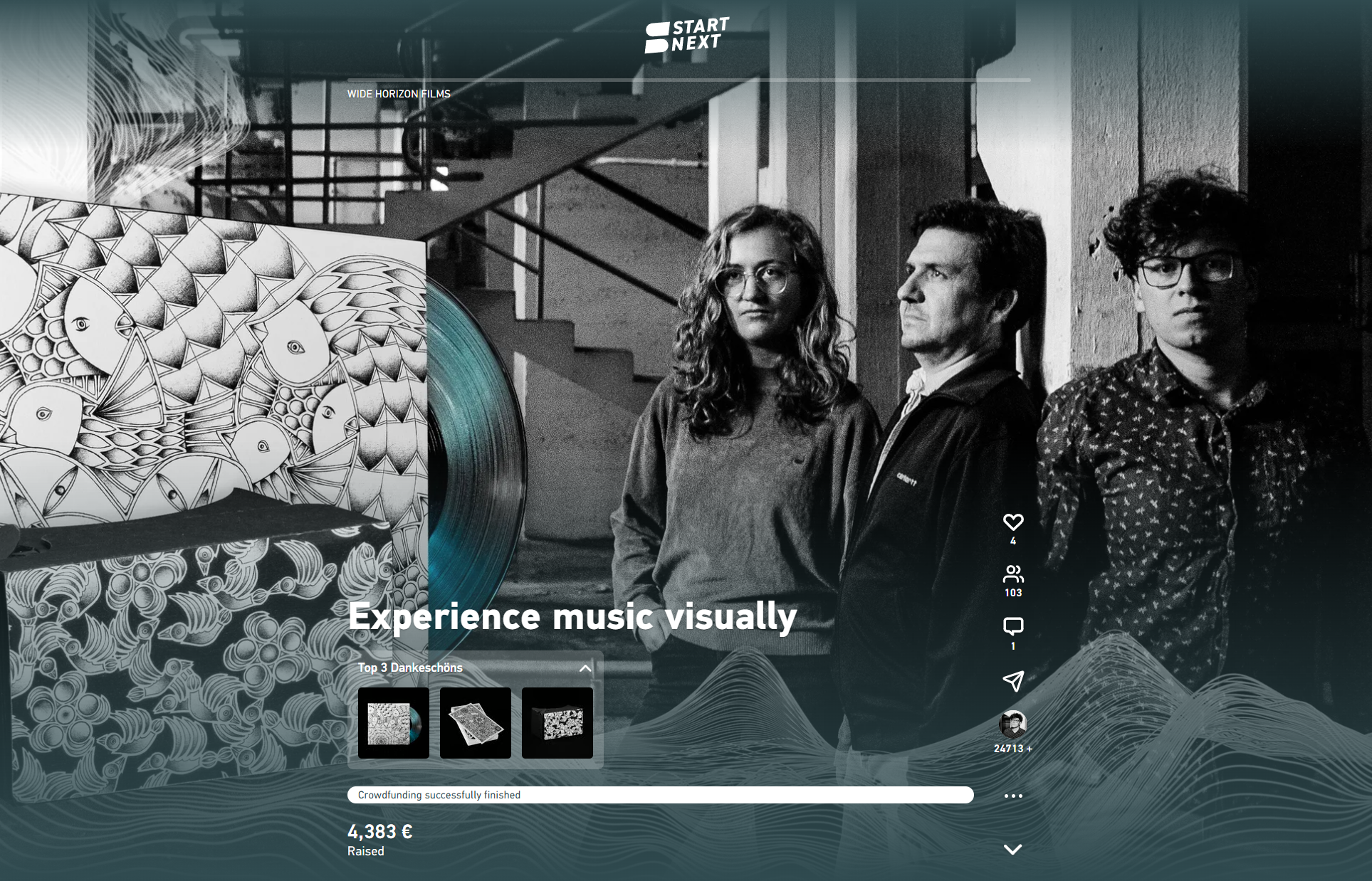 Black and white photo of three people standing indoors against a staircase; colorful artistic objects with wave patterns in the foreground; text overlay says 'Experience music visually'.