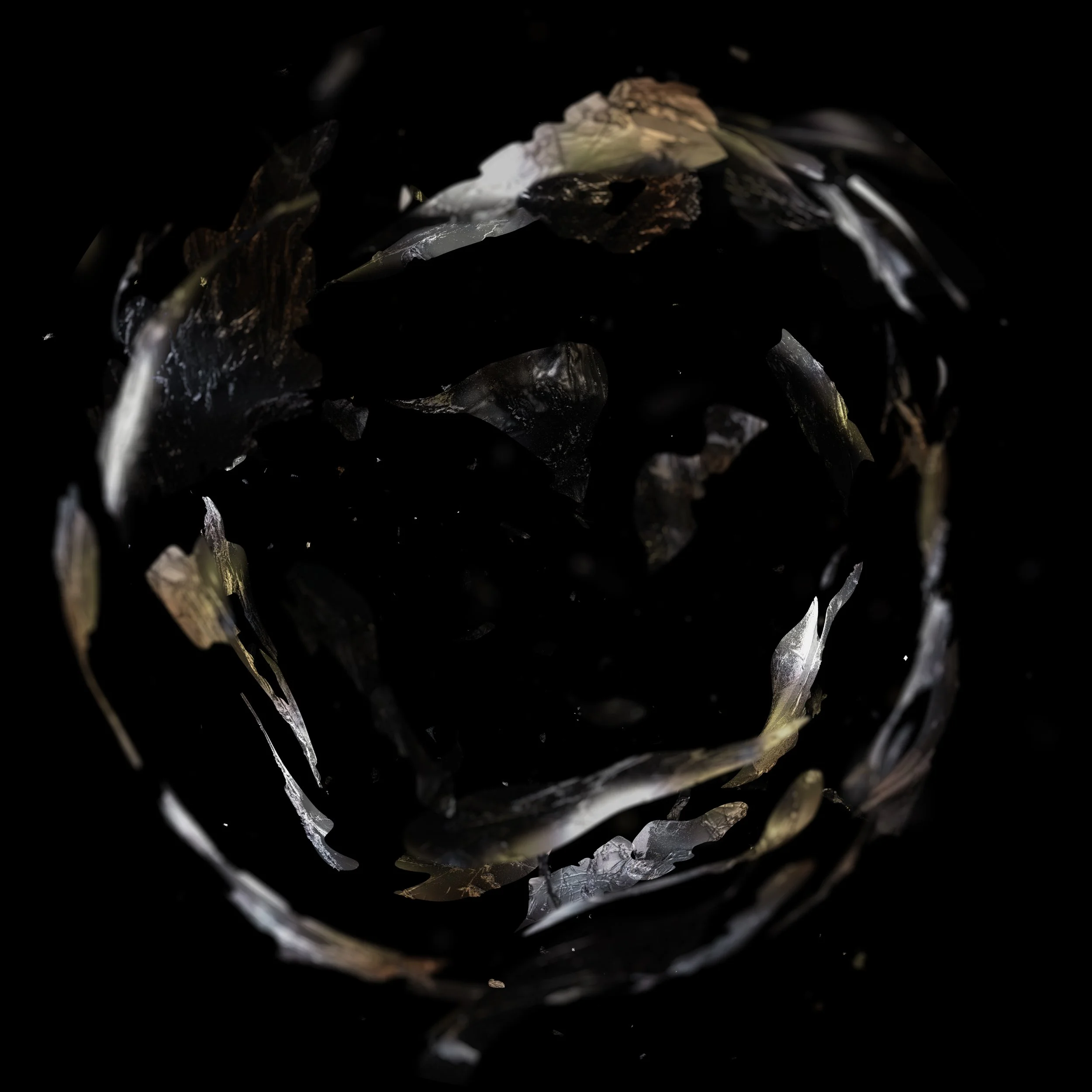 A dark, abstract spherical object with glossy textures and irregular, jagged edges, set against a black background. Large and small fragments of plastic drift through the ocean, illuminated by a beautiful, almost mesmerizing light.