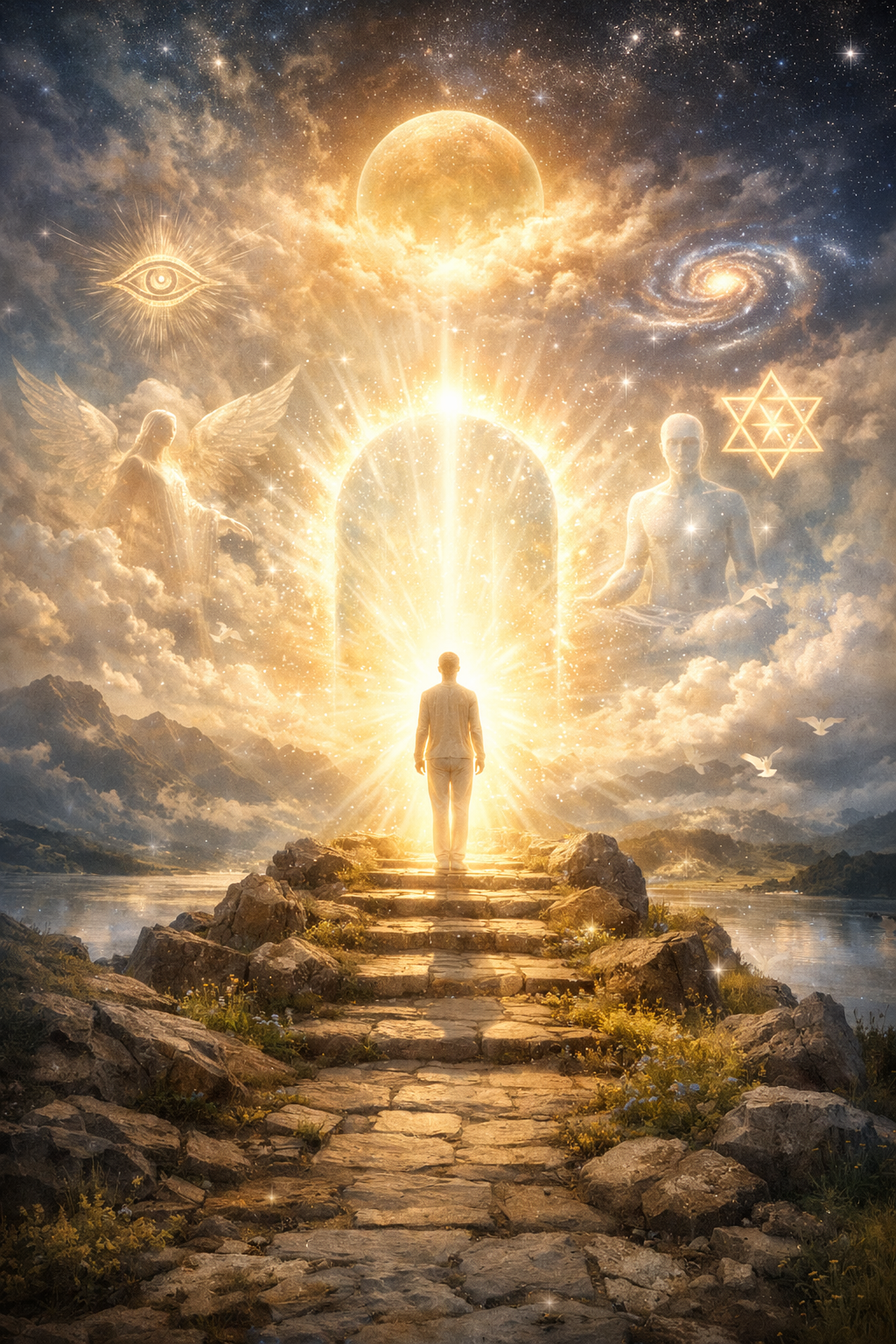 A person standing on stone steps leading to a glowing doorway, with a bright light emanating from it. In the sky above, there is a large moon, stars, a galaxy, an angel with wings, and various mystical symbols, creating a surreal, heavenly scene.