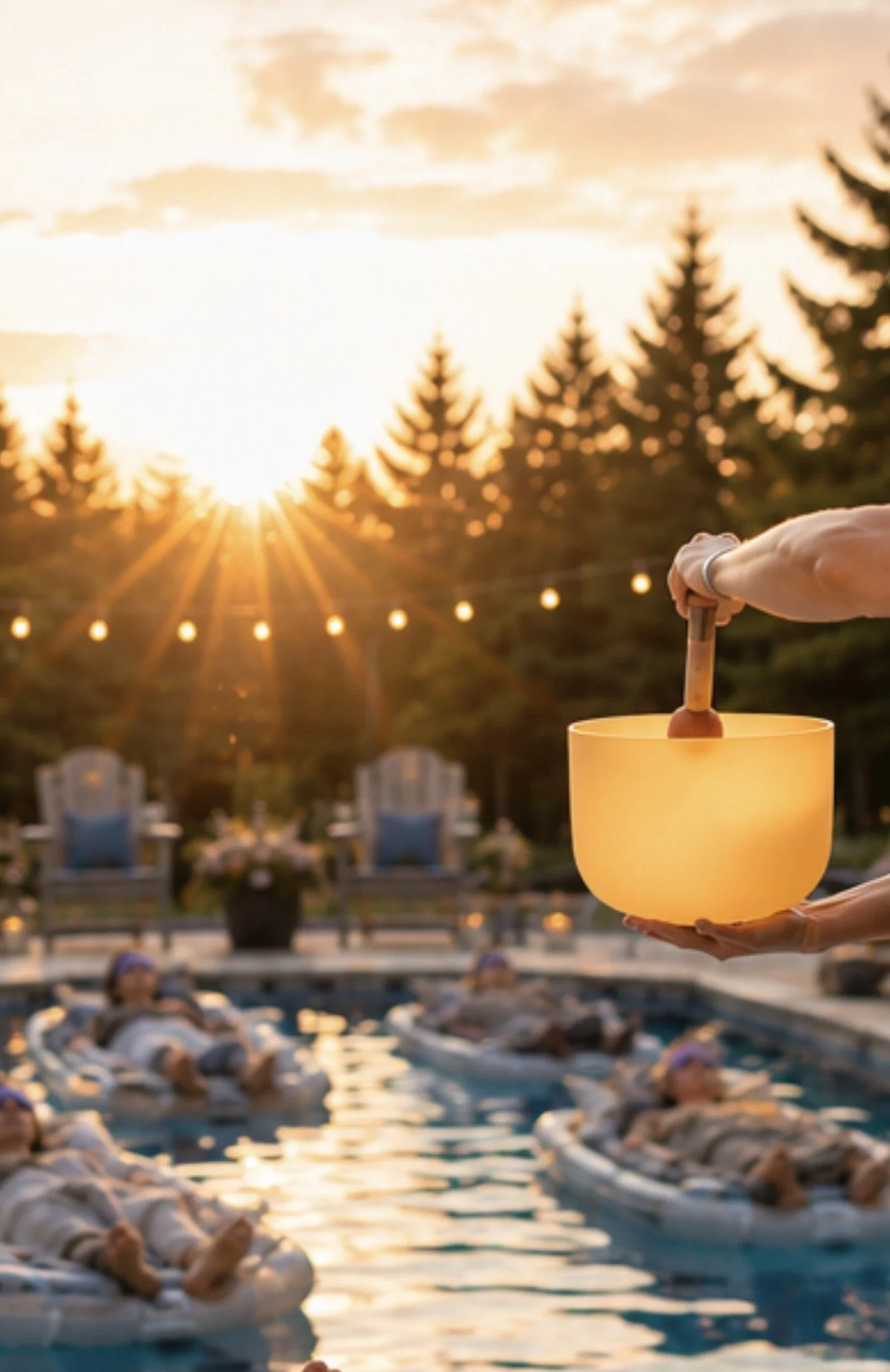 Person holding a candle at a poolside gathering during sunset, with people relaxing in the pool and string lights and trees in the background.