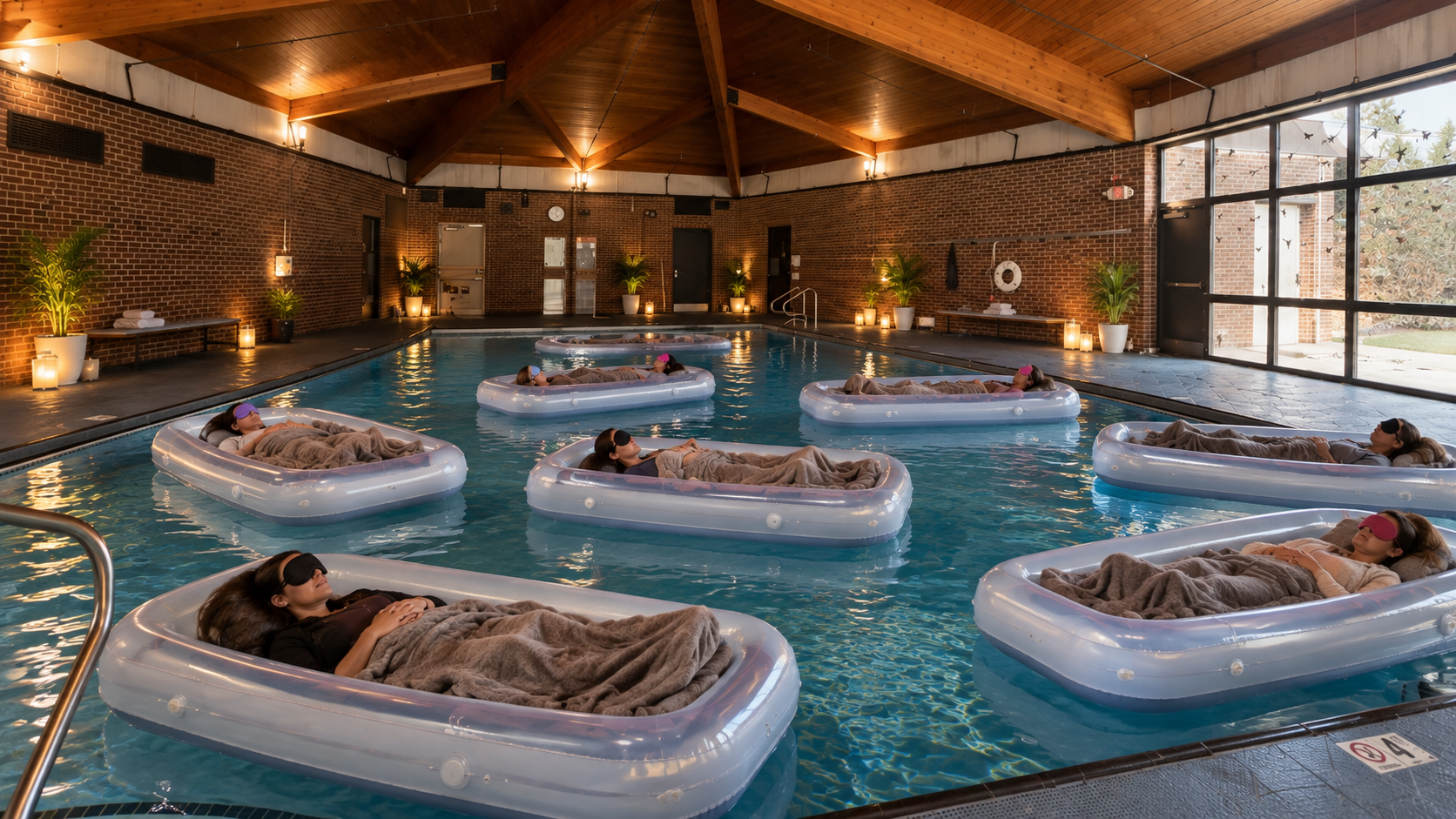 Indoor pool area with seven people relaxing in floating loungers, wearing sleep masks and covered with blankets, luxurious and dimly lit with warm lighting and large windows showing an outdoor scene.