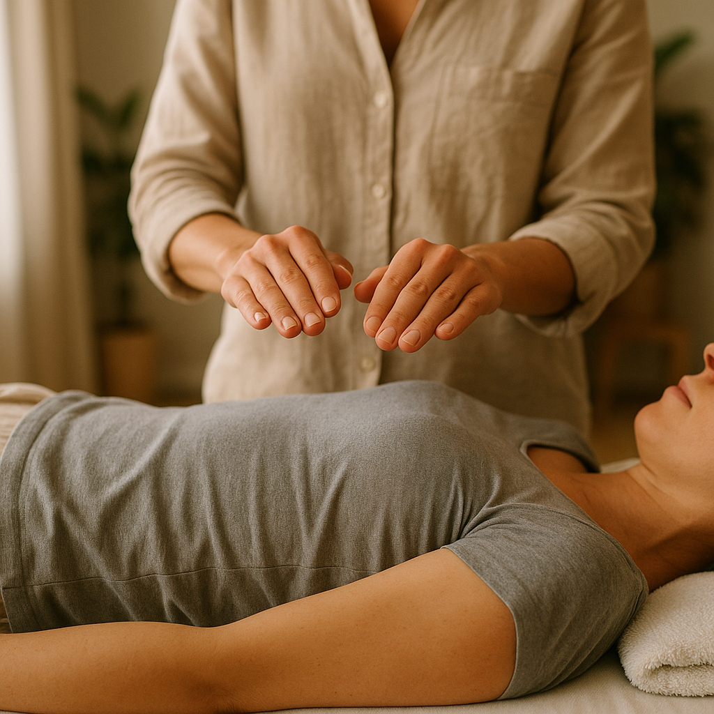 A person lying on a bed being examined or treated by a healthcare professional, with hands over the person's abdomen.