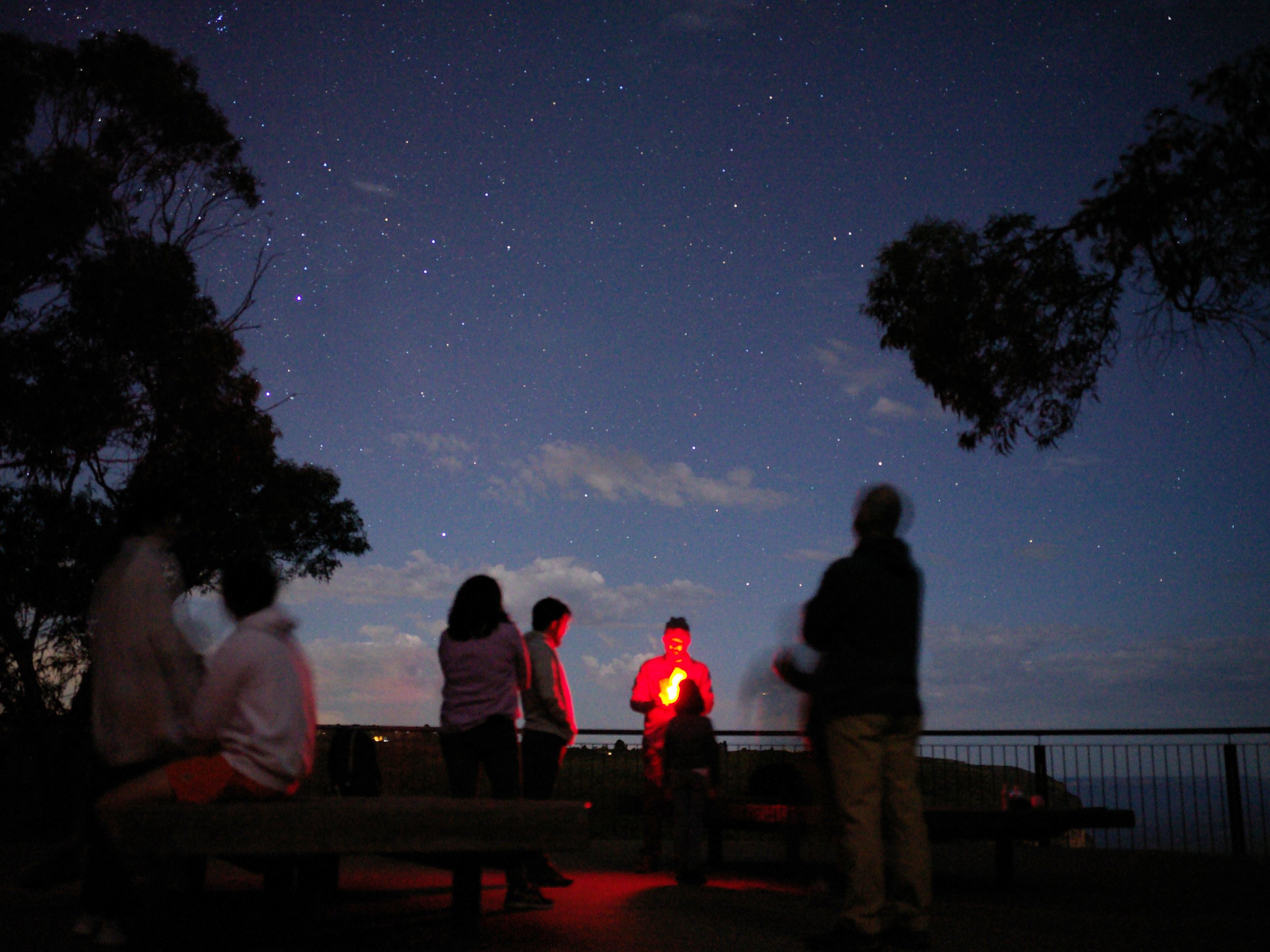 People gathered outdoors at night under a starry sky with trees and a railing in the background. One person is holding a light source, illuminating their face.