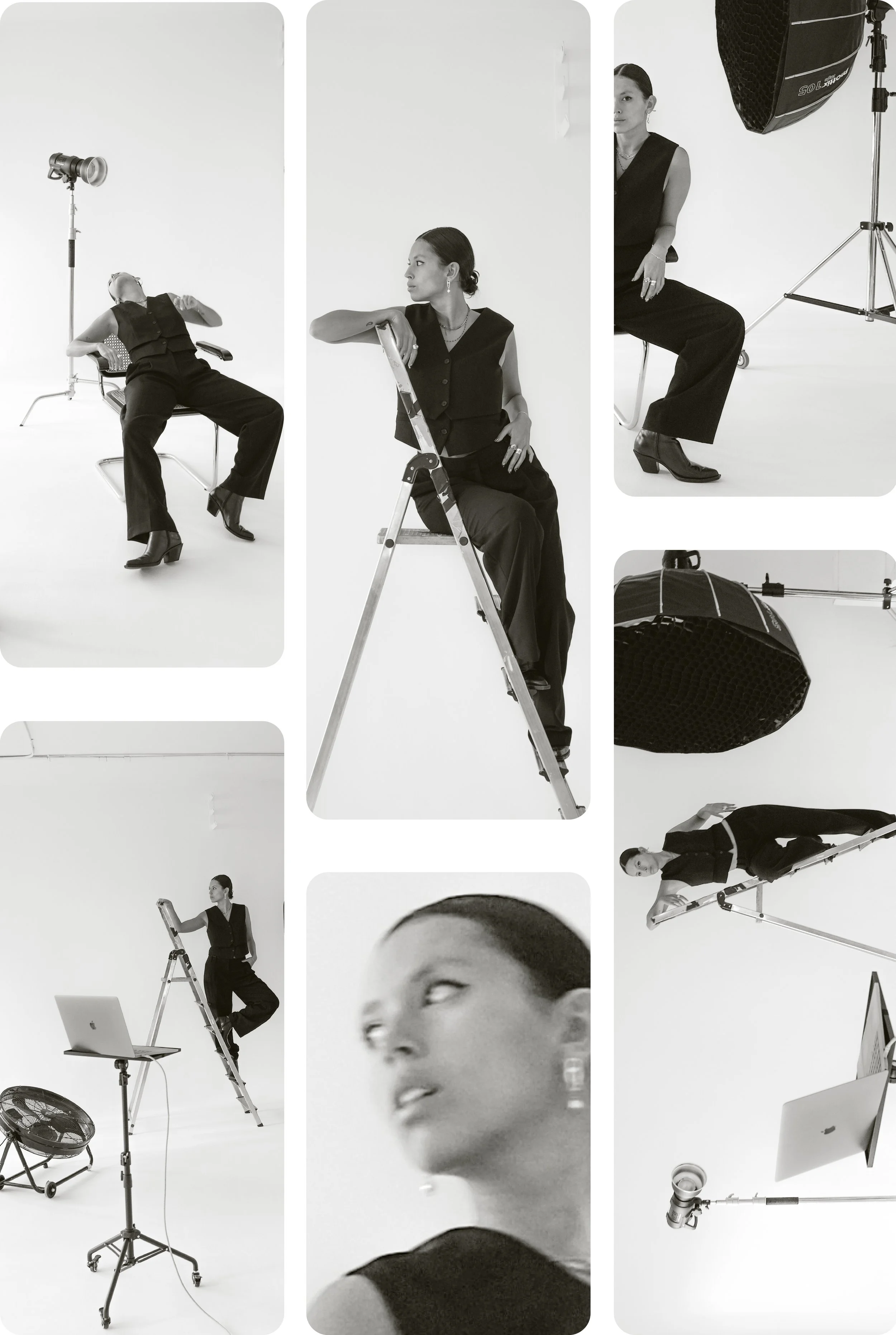 Black and white collage of four photos featuring women in a photo studio with lighting equipment, cameras, and ladders. One woman is seated on a chair leaning back, a second is sitting on a ladder with her hand on her hip, the third is standing next to a ladder, and the fourth is lying on a stretching ladder, all posed stylishly.