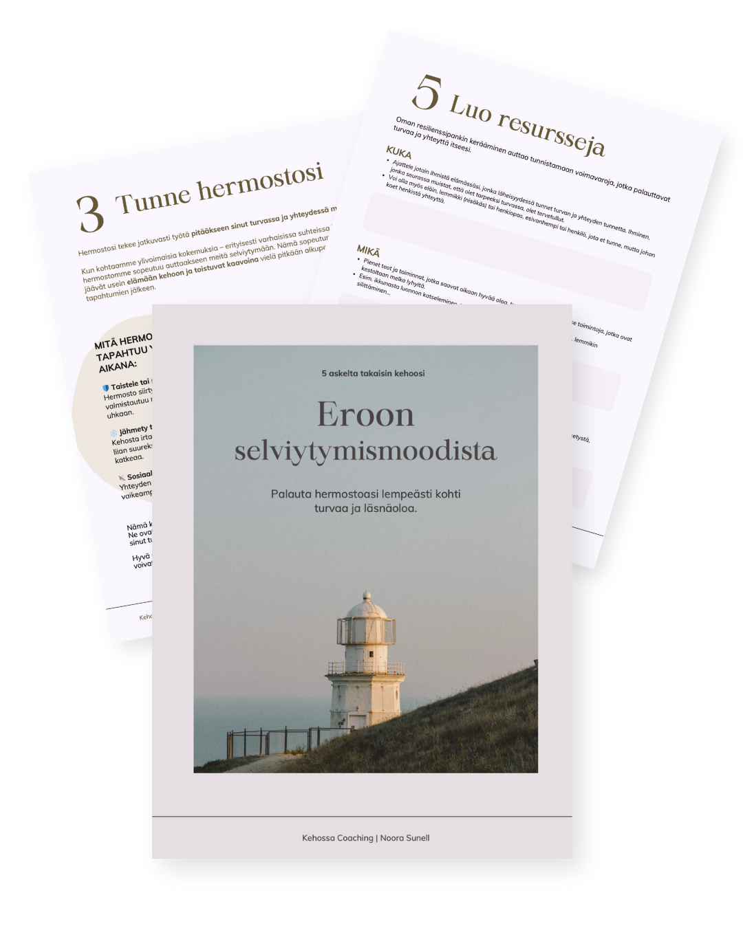 Collection of three printed pages with Finnish text and an image of a lighthouse on a grassy hill, promoting self-help and coaching.