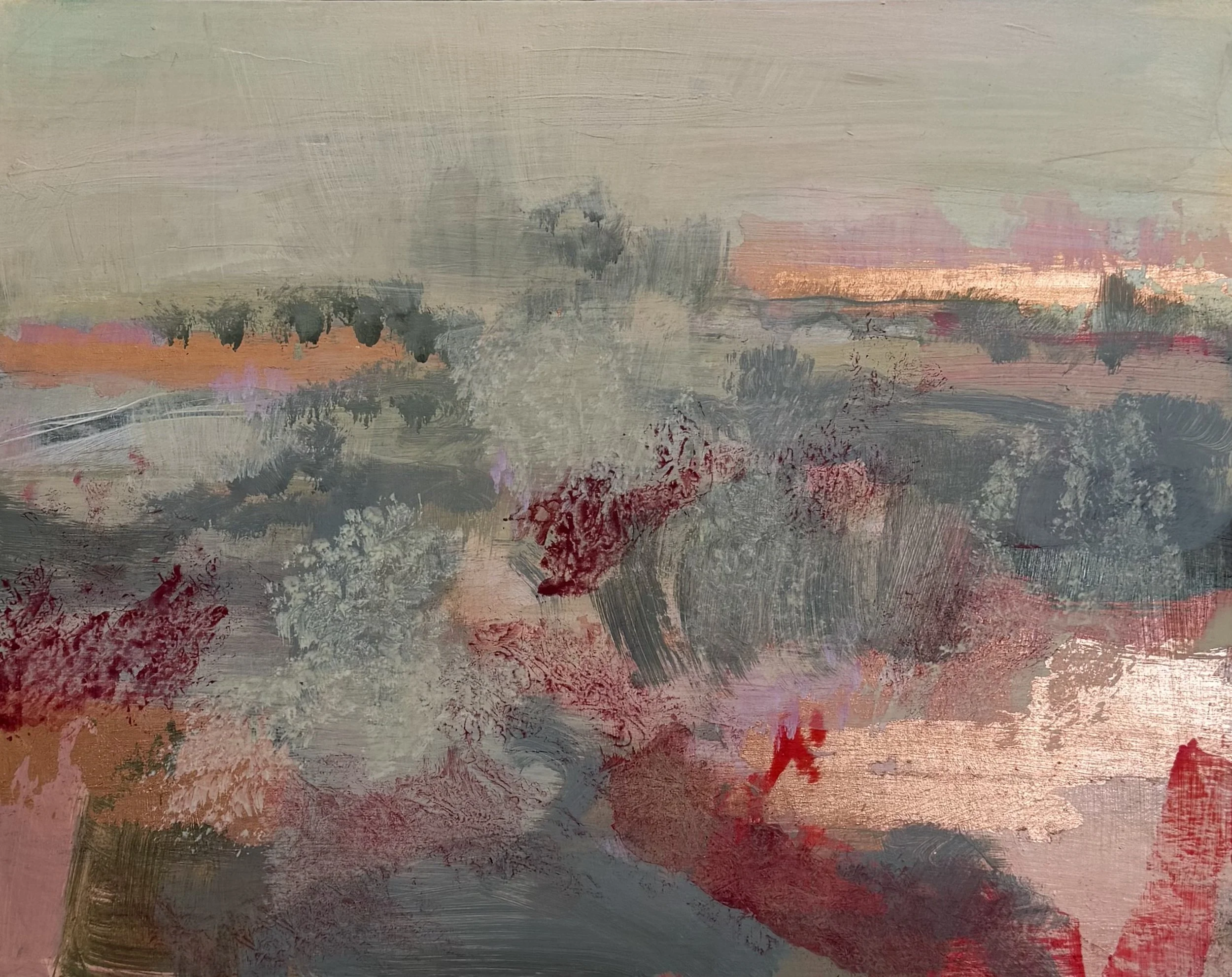 Early Softness, 2026, Acrylic and copper leaf on panel, 28 x 36 cm, £1,100