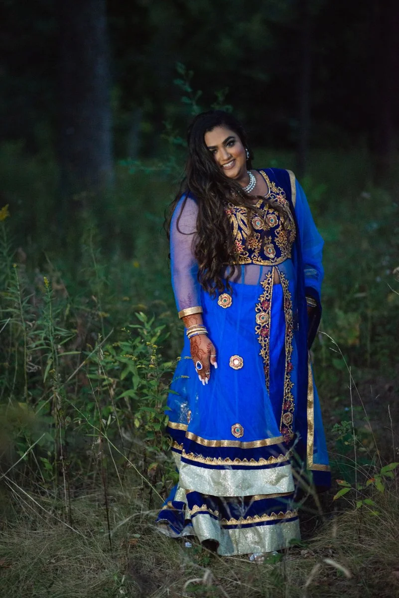 woman in an Indian sari in a nighttime portrait