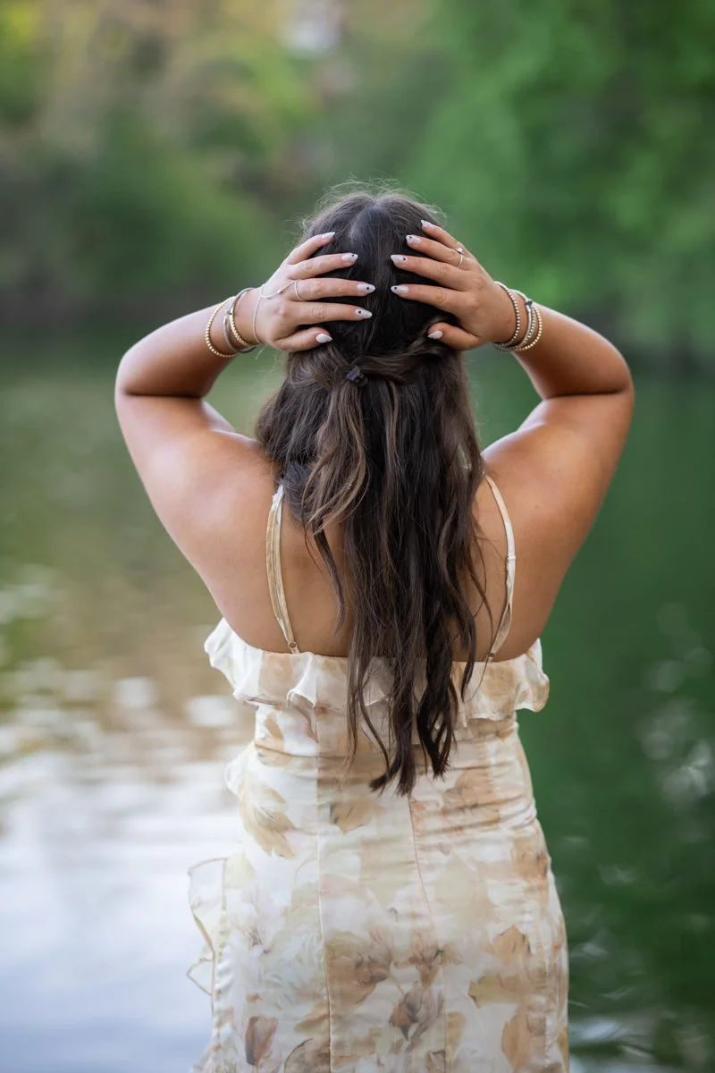portrait shot from behind to highlight hair and accessories