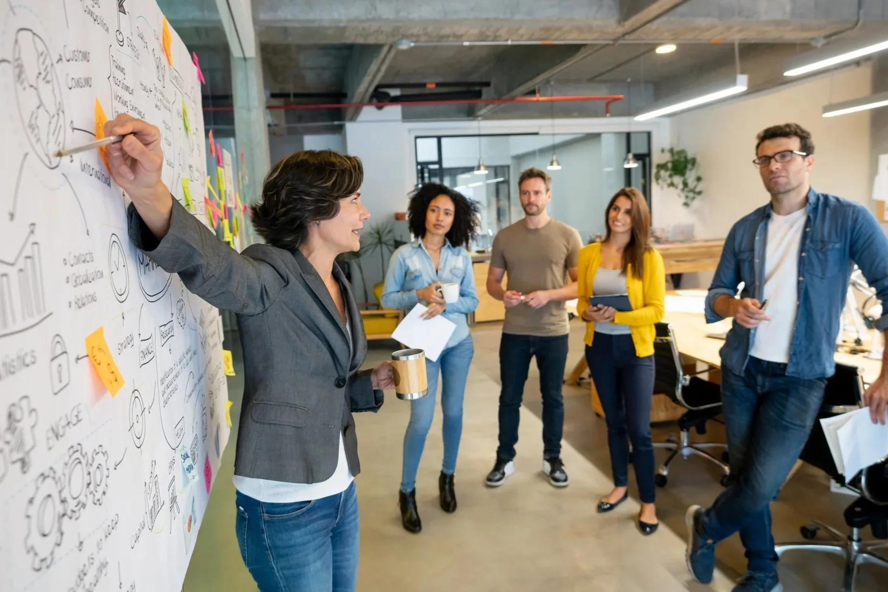 A woman in a gray blazer and blue jeans is giving a presentation to a group of four diverse colleagues in an open office space. She is pointing to a wall with diagrams and sticky notes, holding a coffee mug. The colleagues are listening attentively, with some holding notebooks and cups.