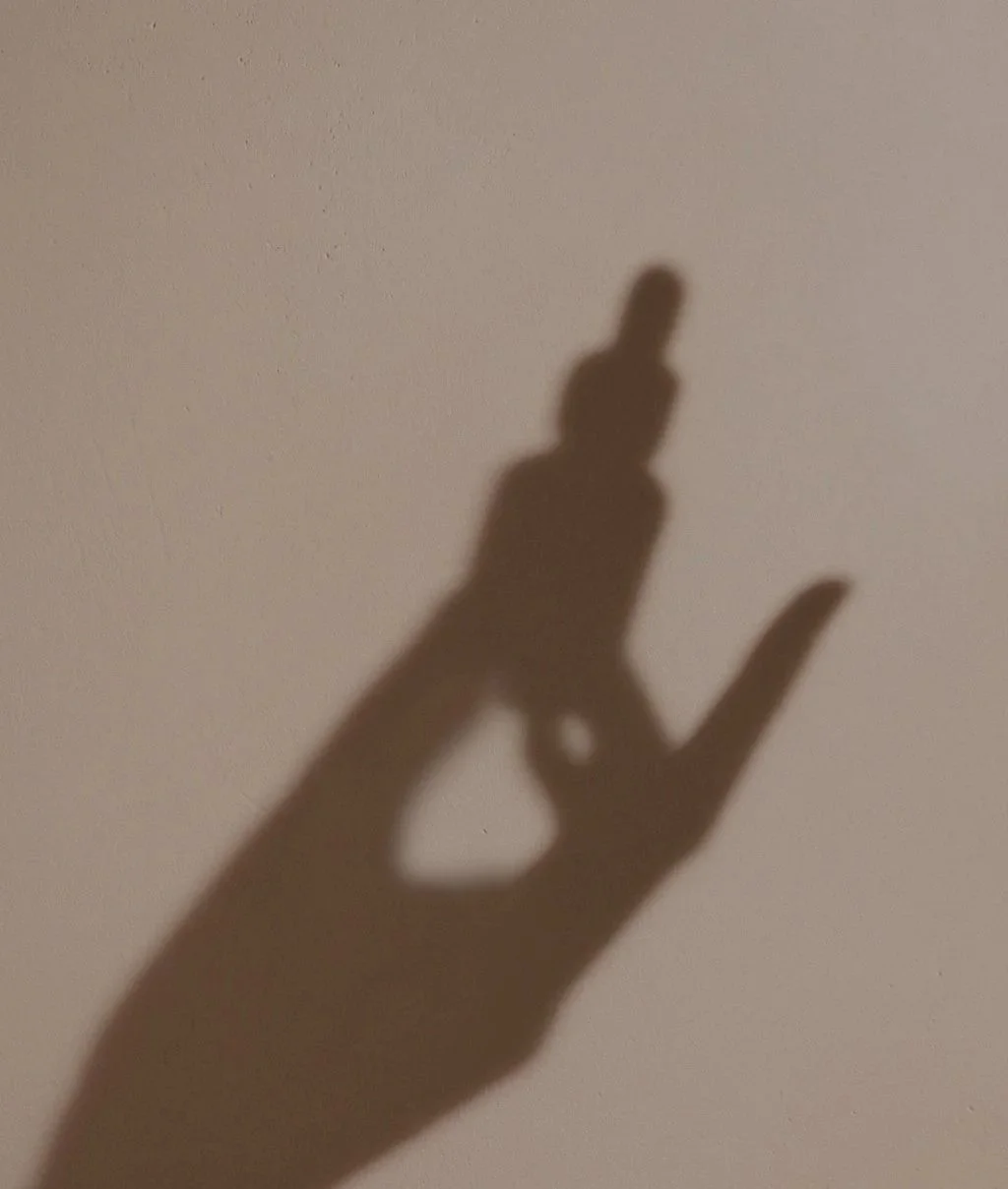 Shadow of a hand holding a pen or similar object on a wall.