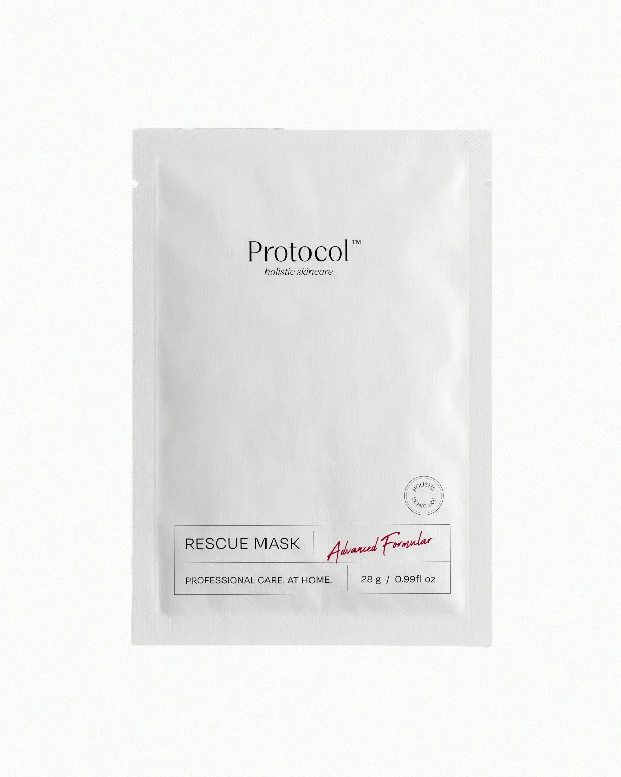 Hvid ansigtsmaske i pakke med teksten 'Protocol', 'Rescue Mask', 'Advanced Formula', og oplysninger om vægt og anvendelse.