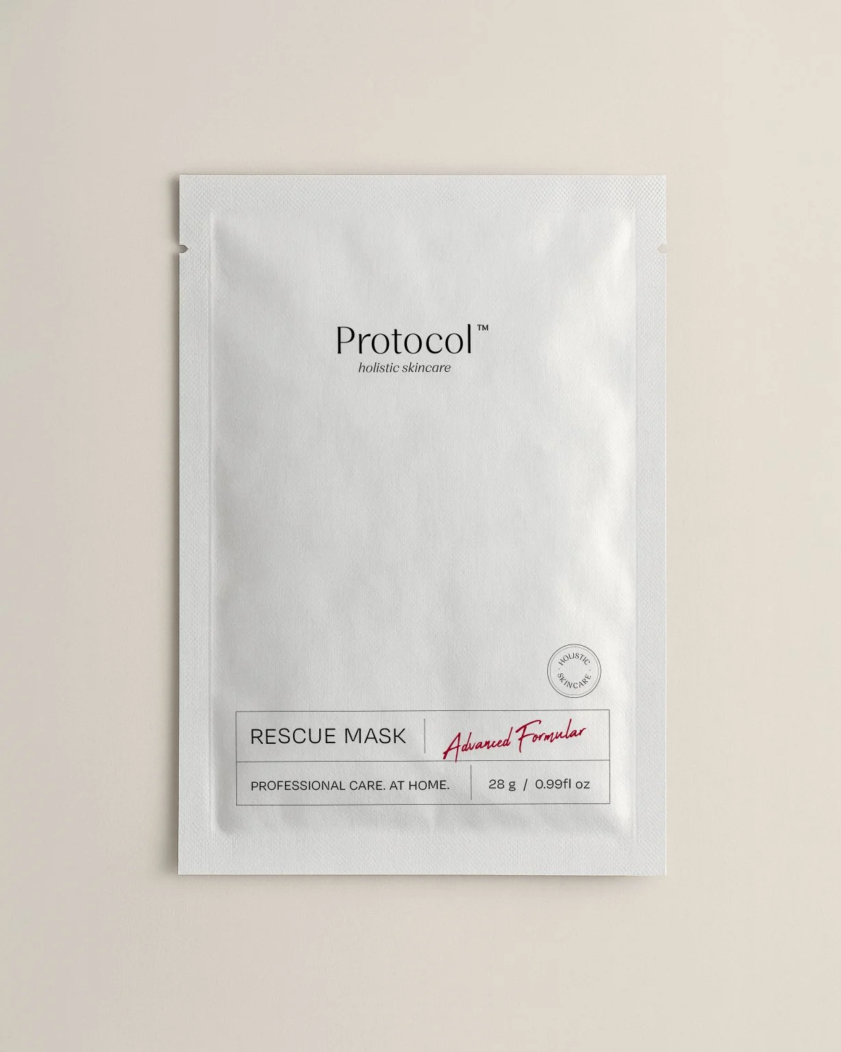 Packaging of a skincare product labeled 'Rescue Mask' by Protocol with a minimalist white design