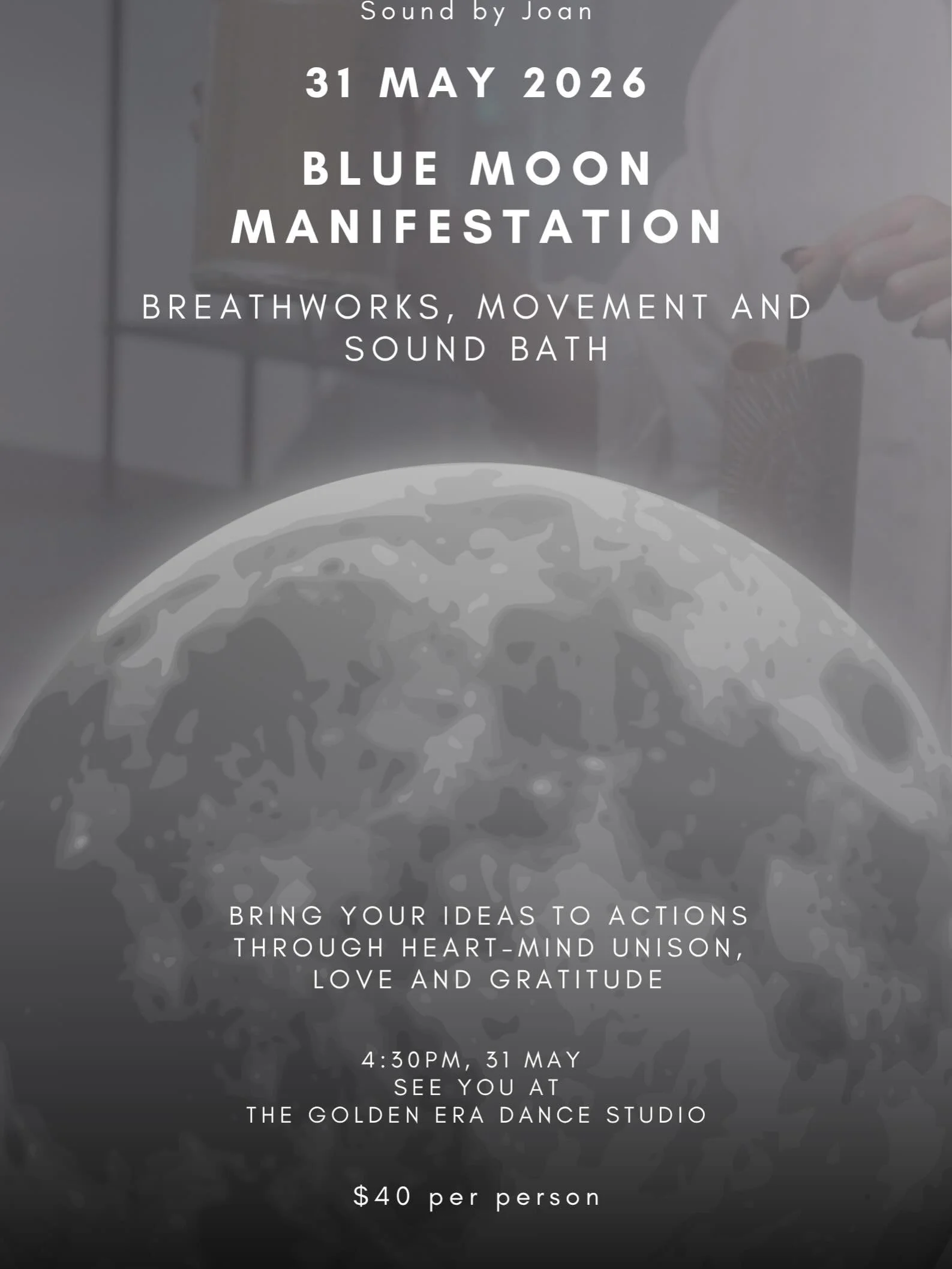 Very excited to be hosting a blue moon manifestation event during our next full moon on 31 May. Please read detail in the third photo carefully.

Breathwork &middot; Movement &middot; Sound Bath&nbsp;

May 31st brings us something extraordinary, a ra